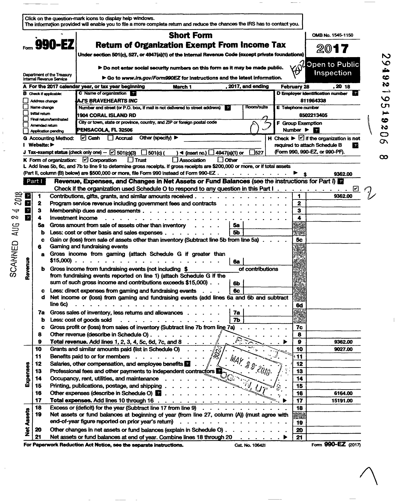 Image of first page of 2017 Form 990EZ for Ajs Bravehearts