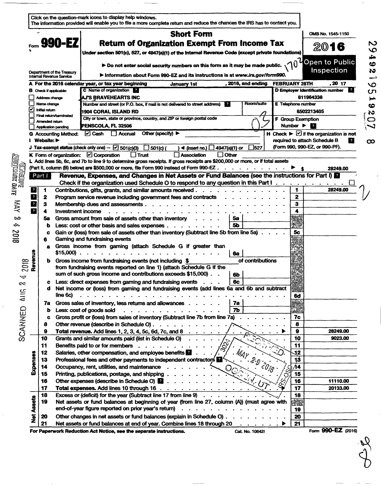 Image of first page of 2016 Form 990EZ for Ajs Bravehearts