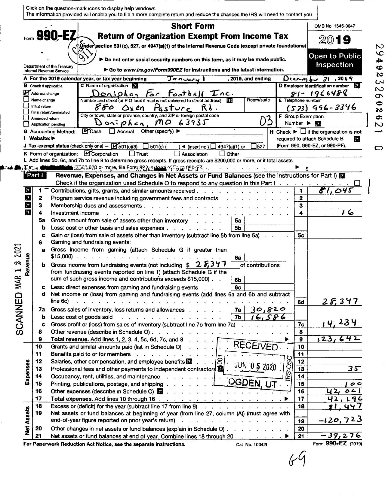 Image of first page of 2019 Form 990EZ for Doniphan for Football