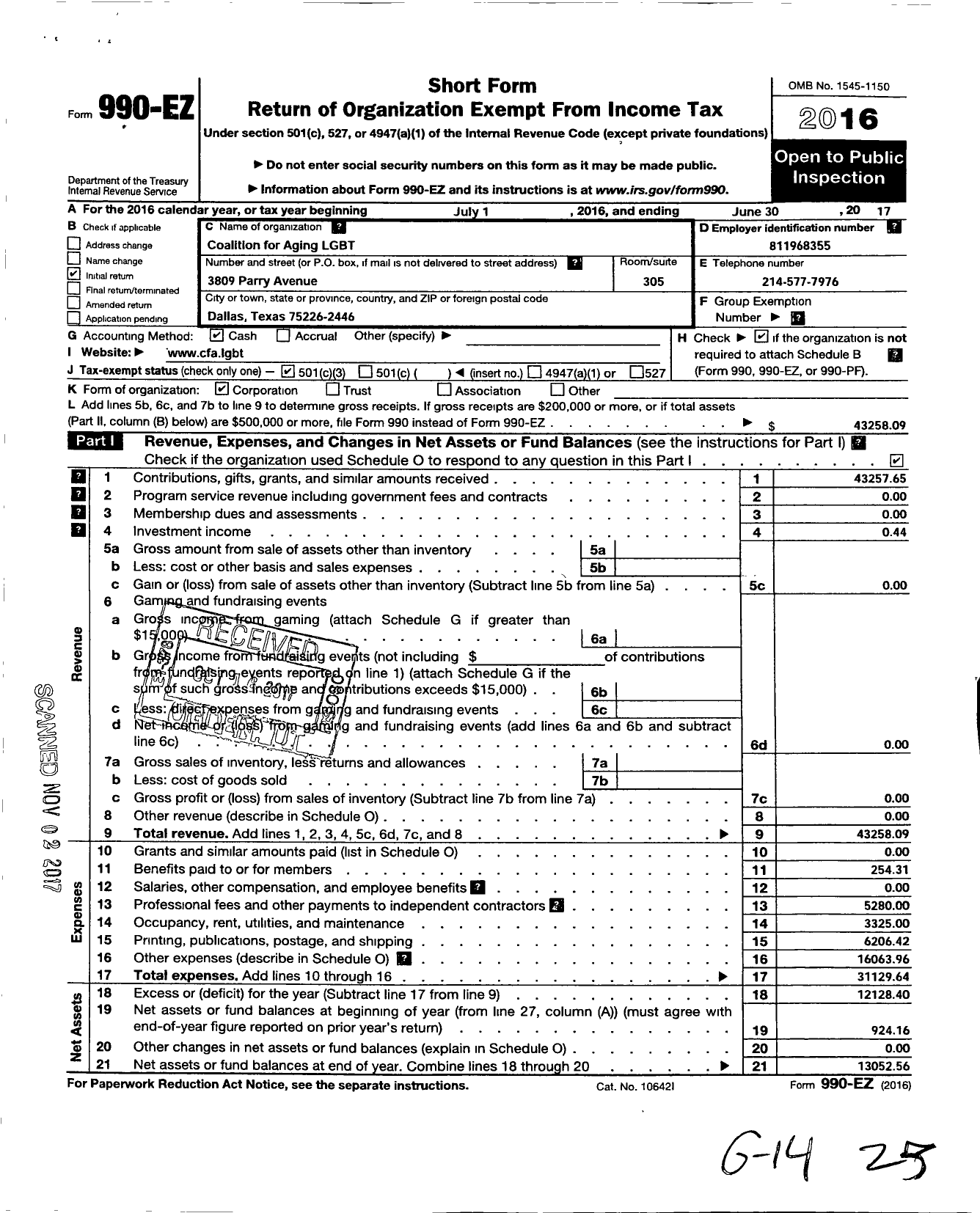 Image of first page of 2016 Form 990EZ for Coalition for Aging LGBT