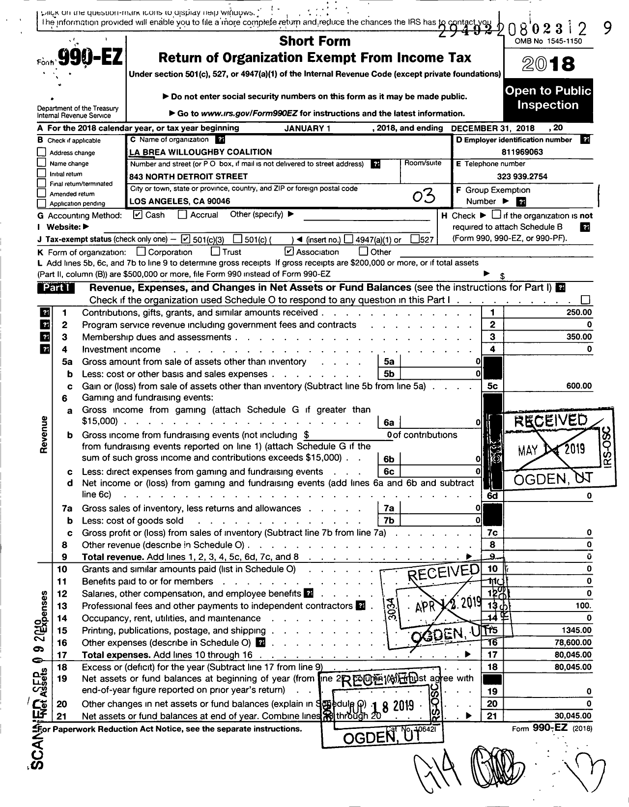 Image of first page of 2018 Form 990EZ for La Brea Willoughby Coalition