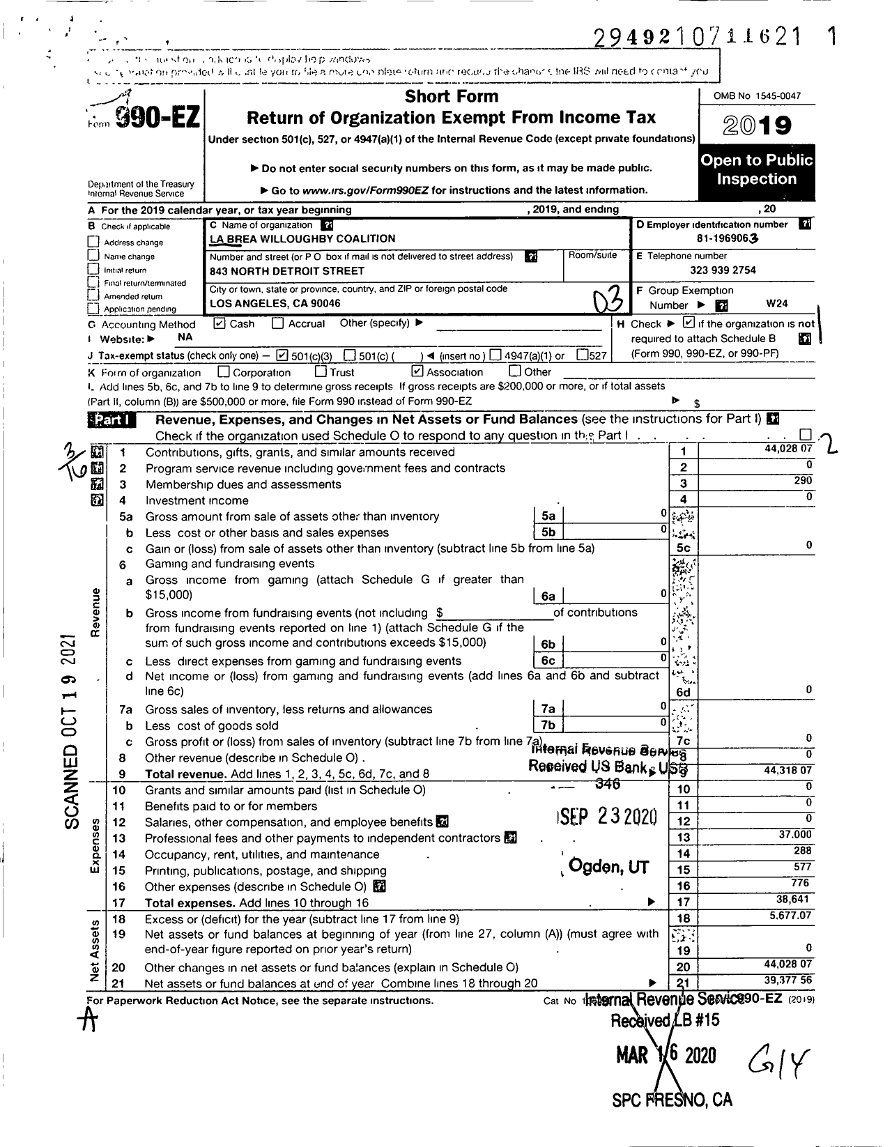 Image of first page of 2019 Form 990EZ for La Brea Willoughby Coalition