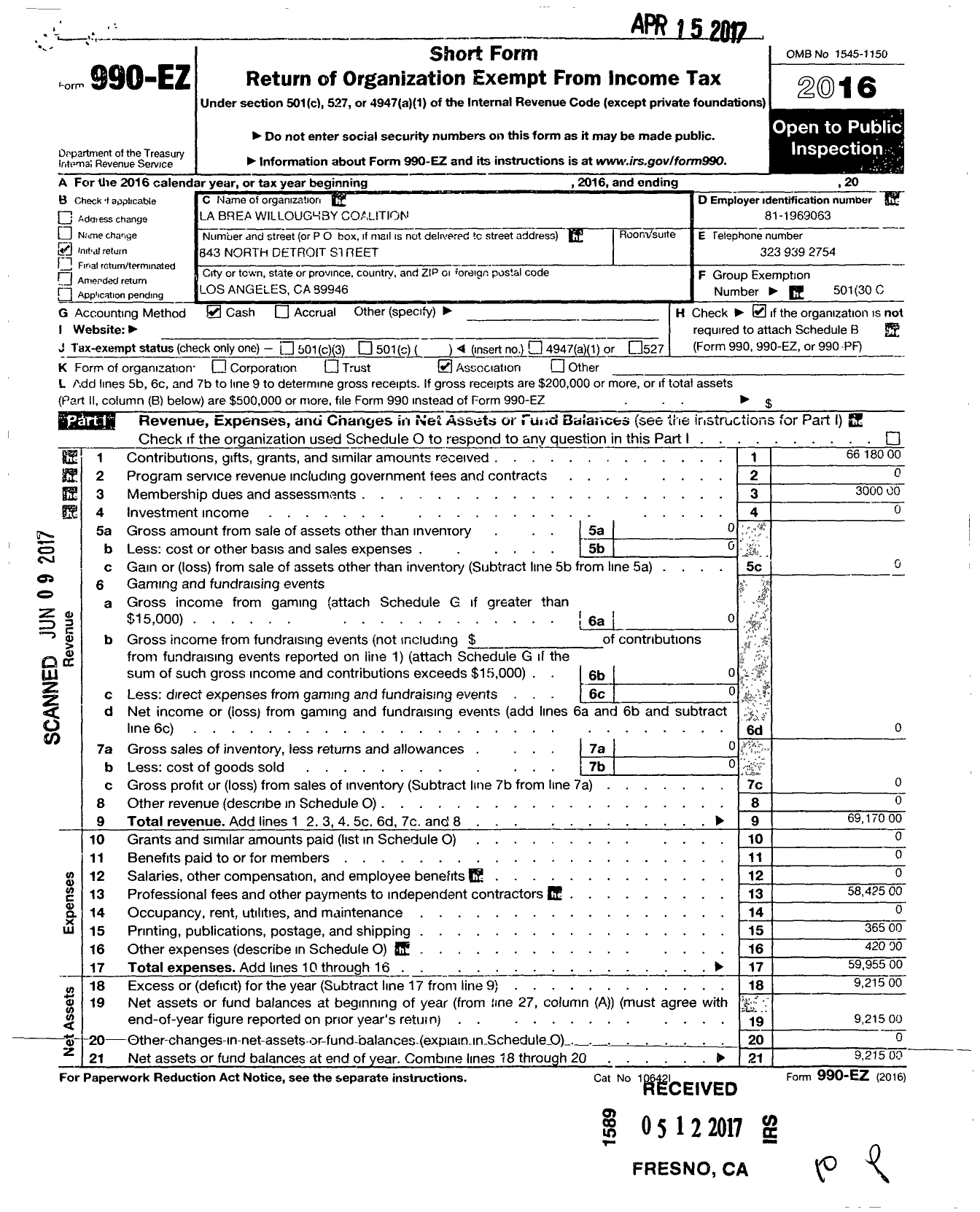 Image of first page of 2016 Form 990EO for La Brea Willoughby Coalition