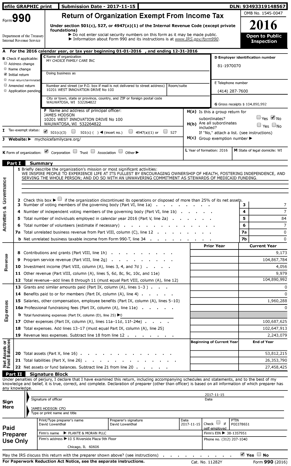 Image of first page of 2016 Form 990 for My Choice Wisconsin