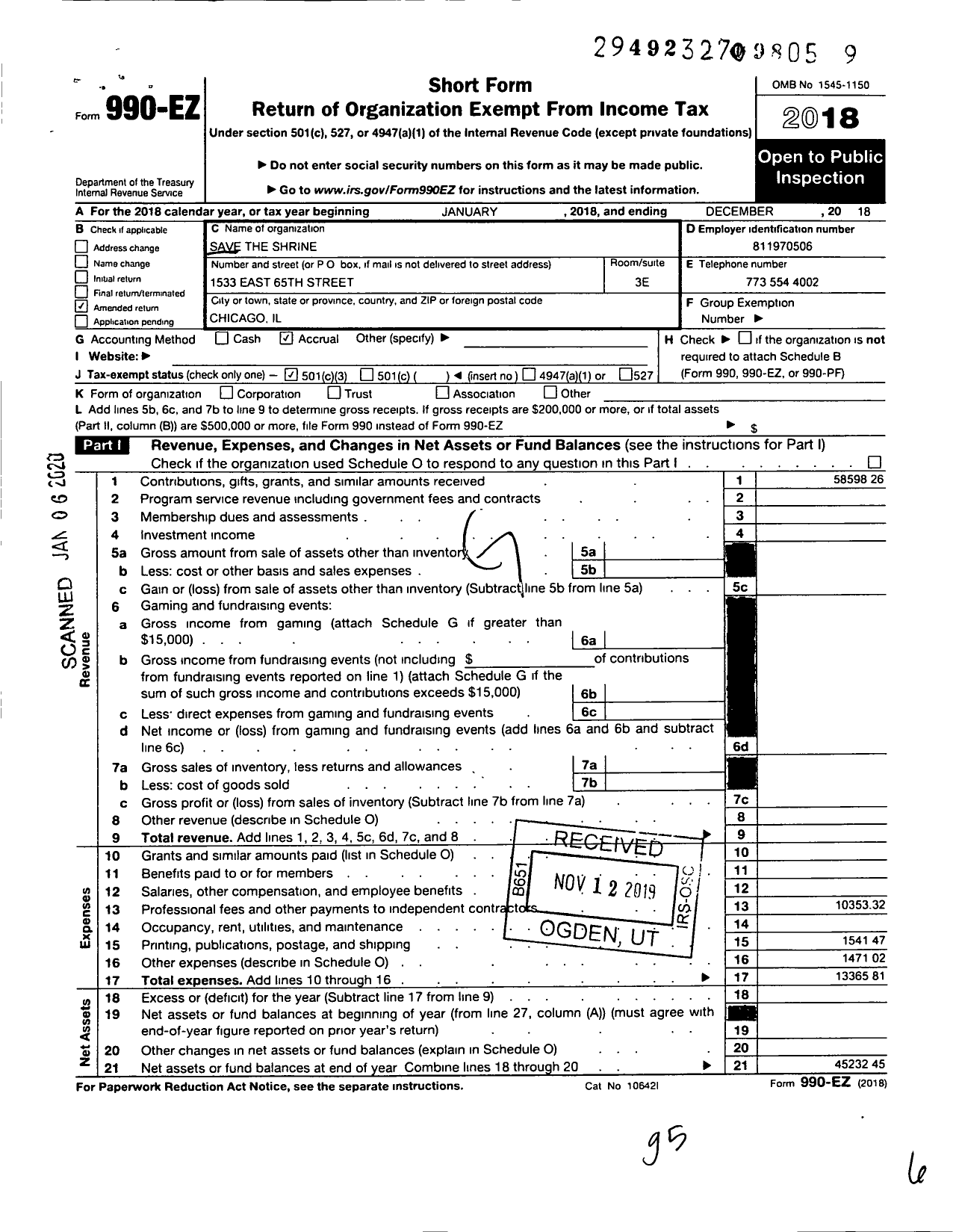 Image of first page of 2018 Form 990EZ for Save the Shrine