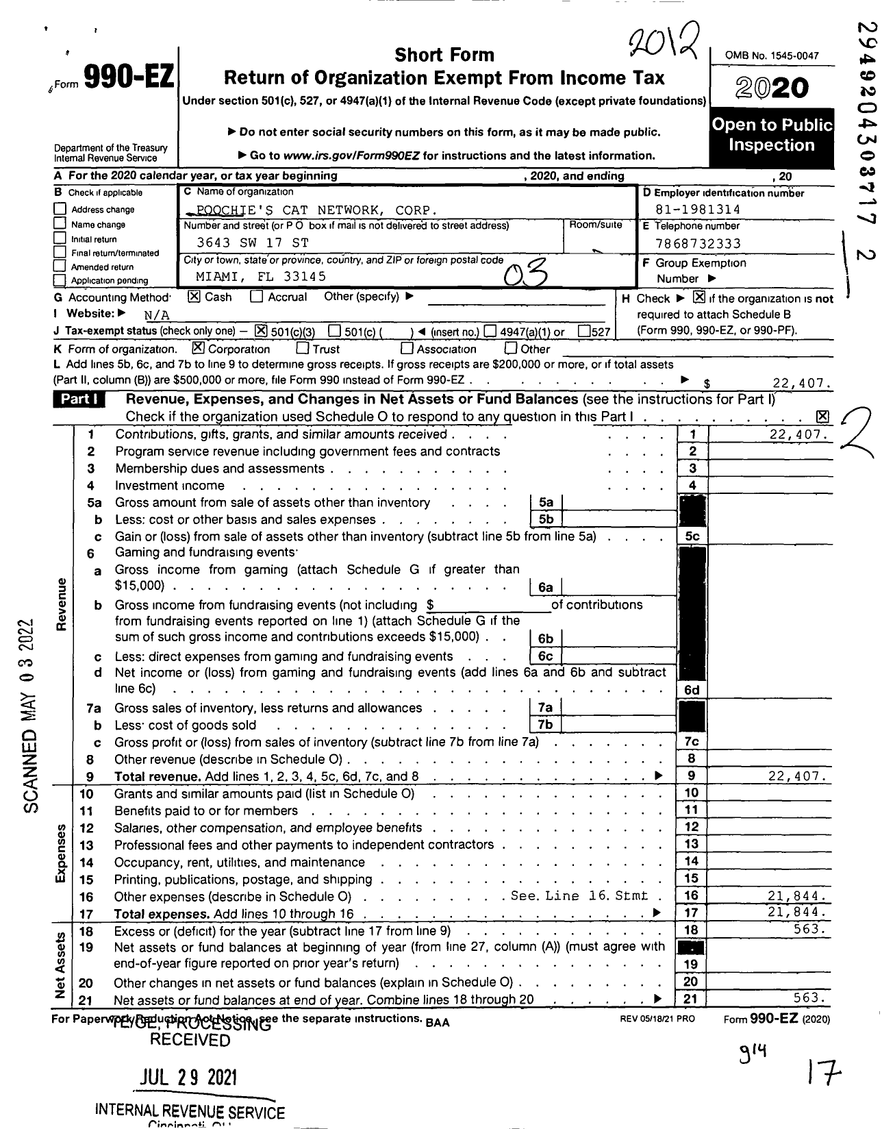 Image of first page of 2020 Form 990EZ for Poochies Cat Network Corporation