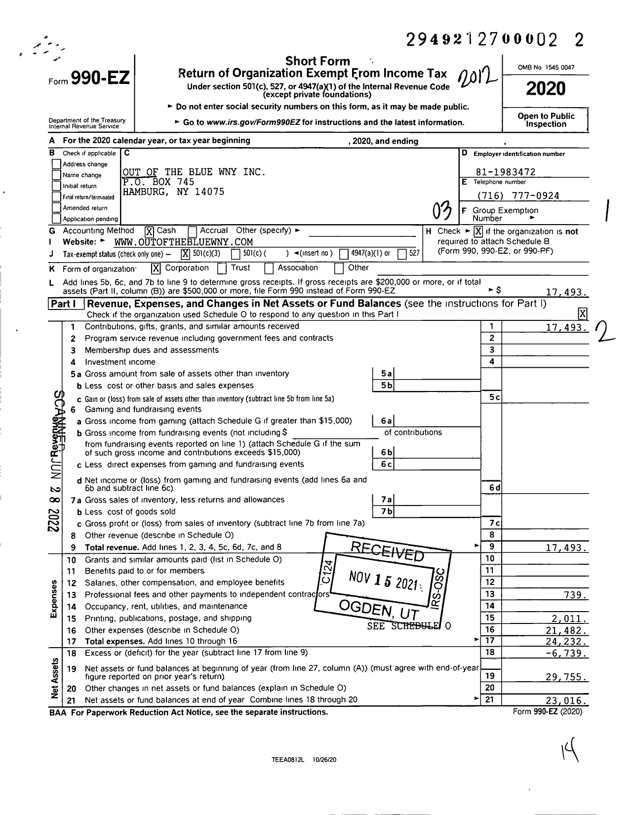 Image of first page of 2020 Form 990EZ for Out of the Blue Wny