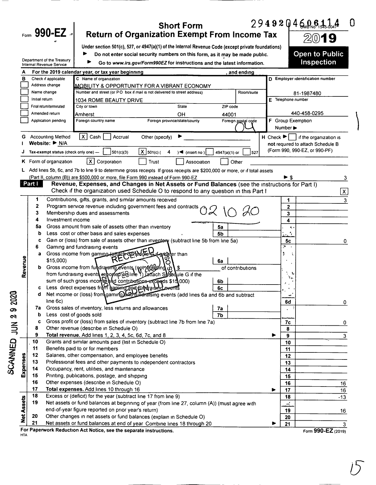 Image of first page of 2019 Form 990EO for Mobility and Opportunity for A Vibrant Economy