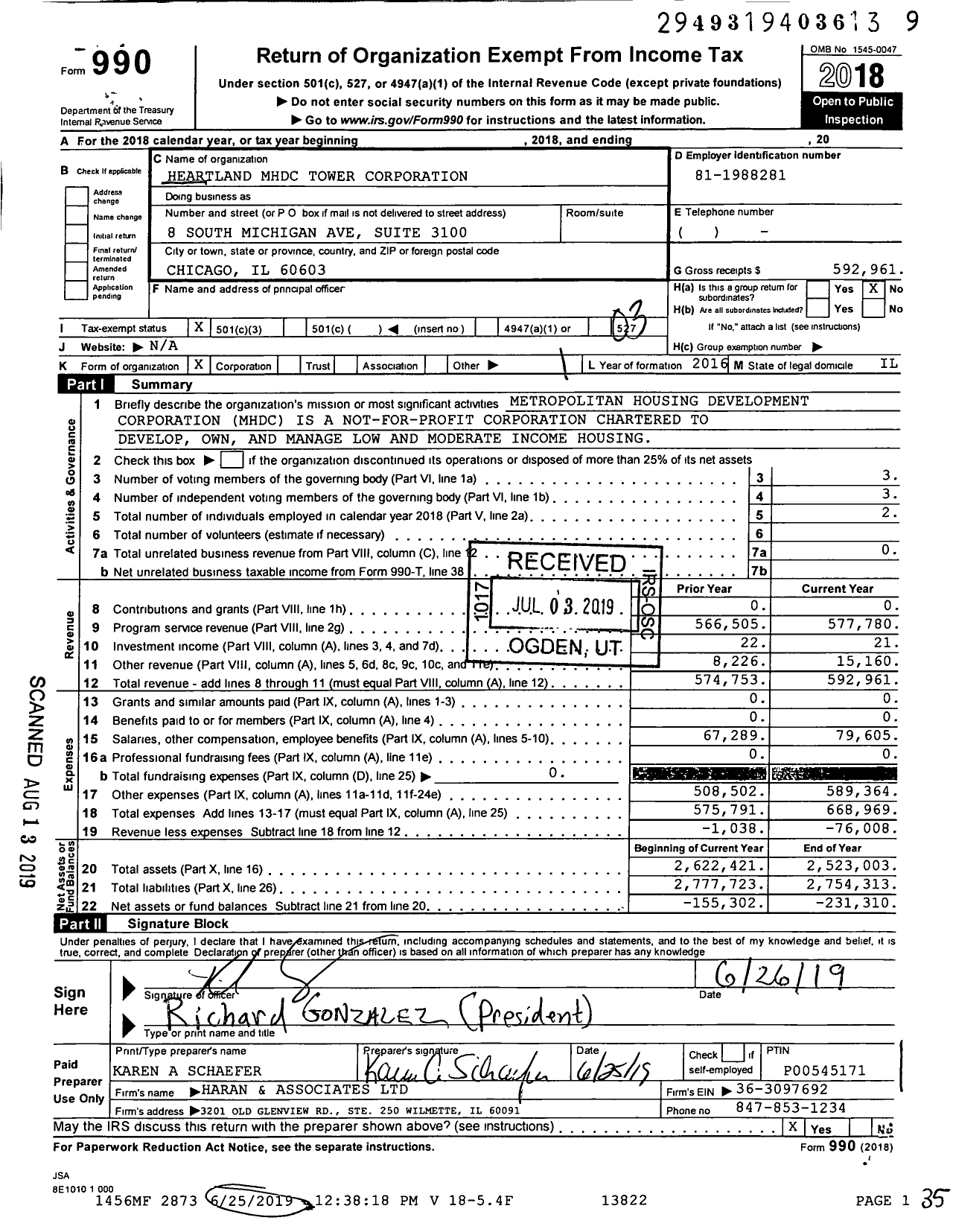 Image of first page of 2018 Form 990 for Heartland MHDC Tower Corporation