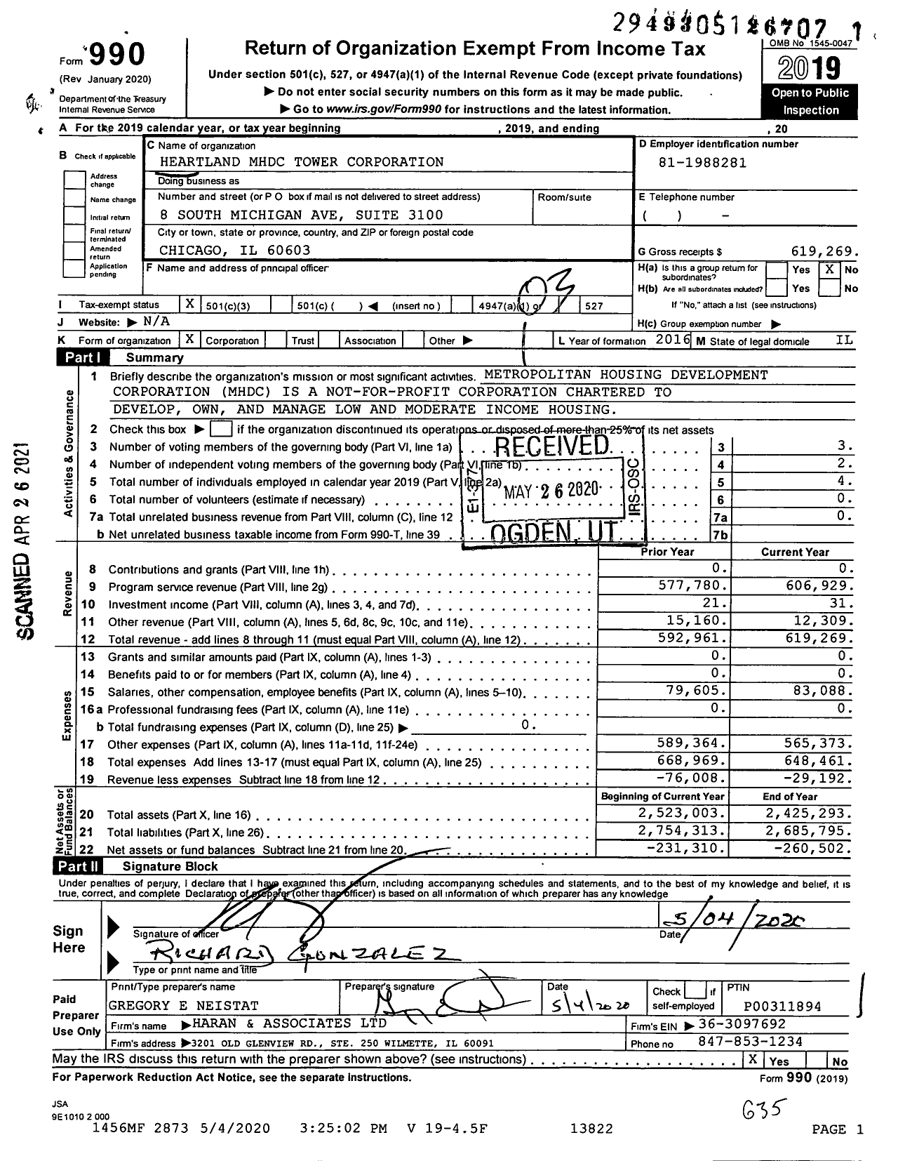 Image of first page of 2019 Form 990 for Heartland MHDC Tower Corporation