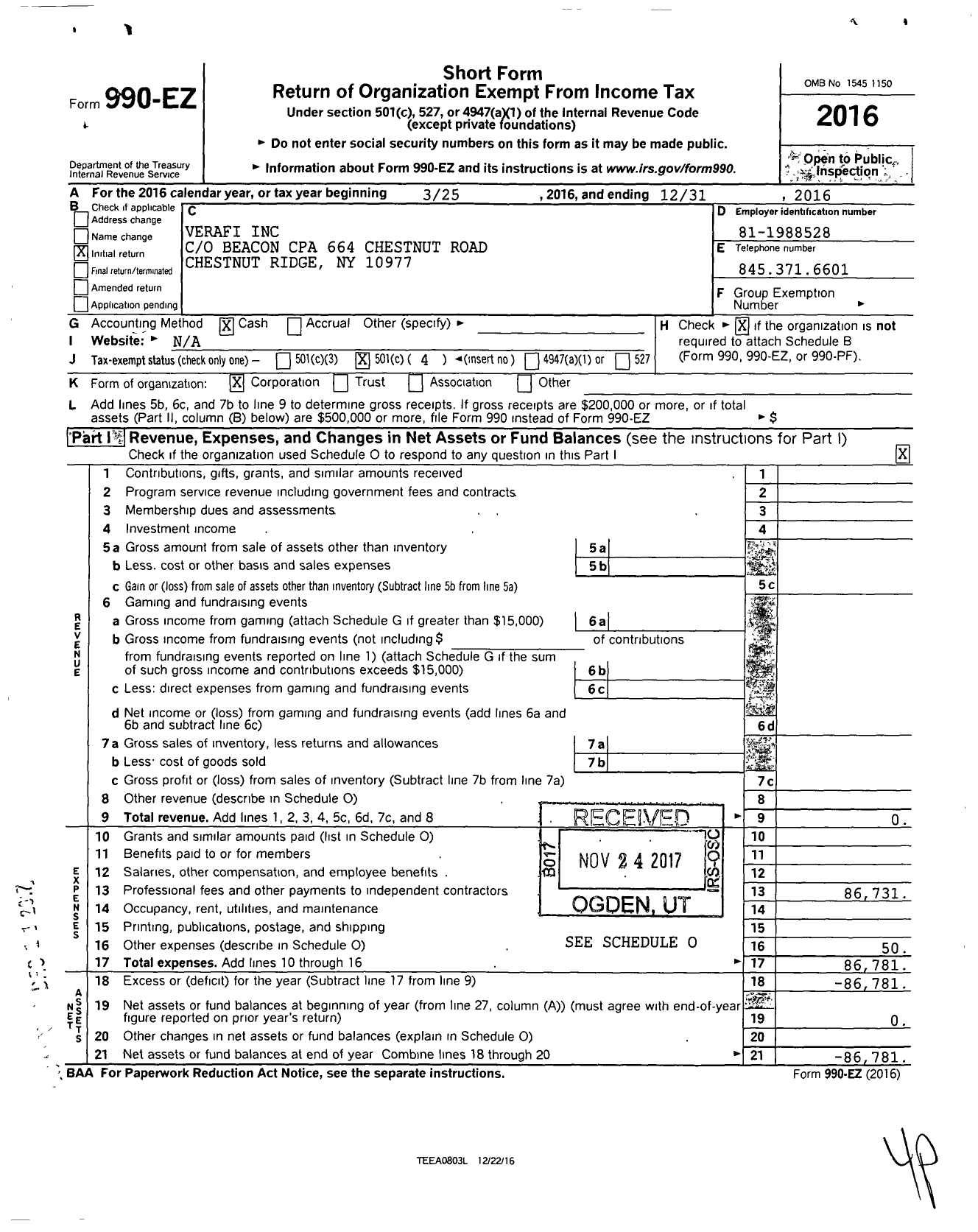 Image of first page of 2016 Form 990EO for Verafi