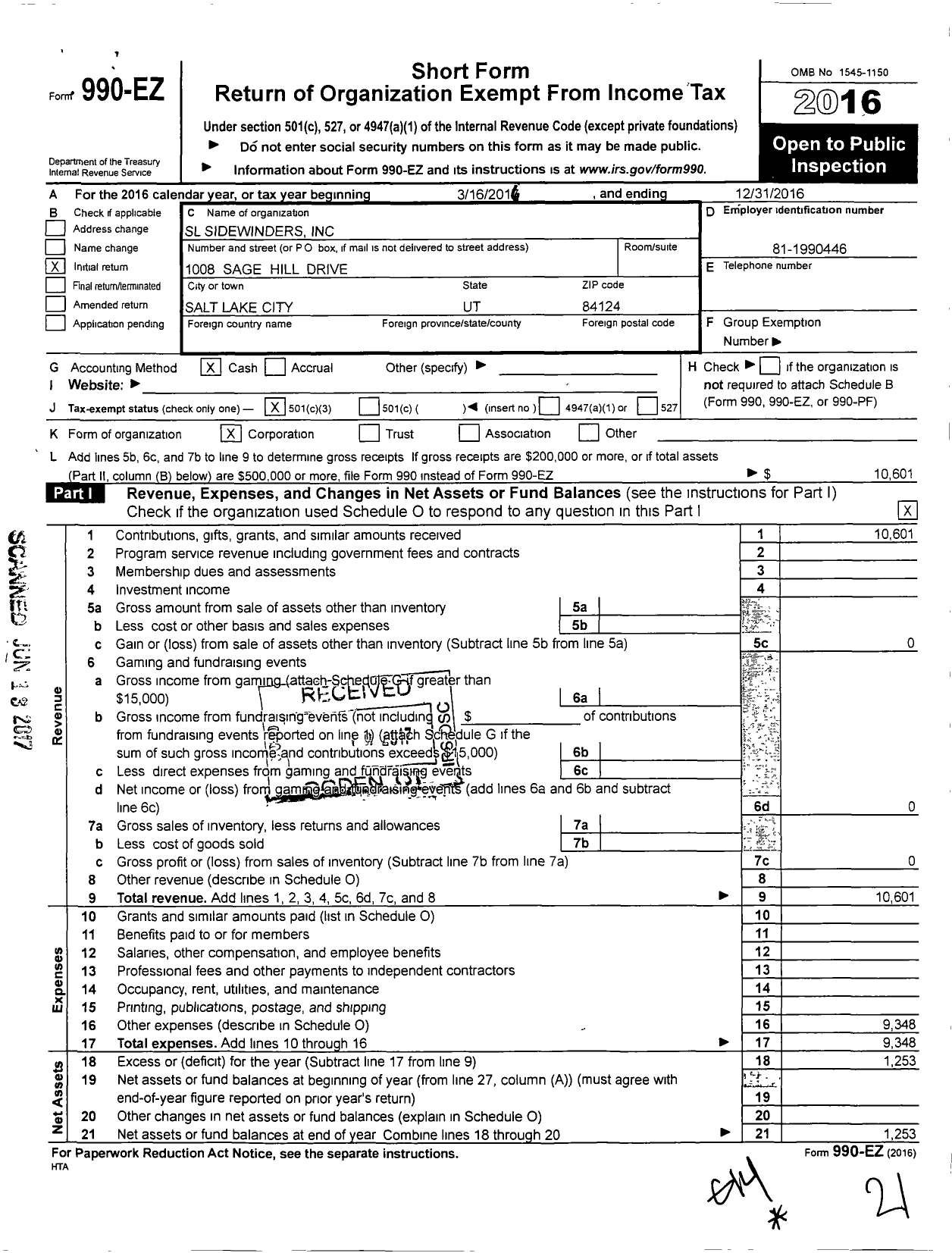 Image of first page of 2016 Form 990EZ for SL Sidewinders