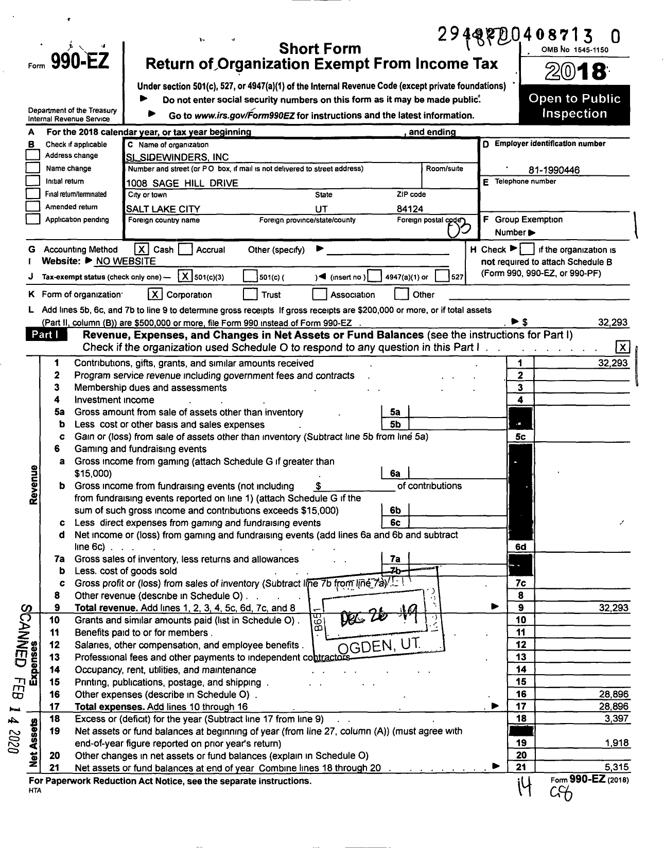 Image of first page of 2018 Form 990EZ for SL Sidewinders