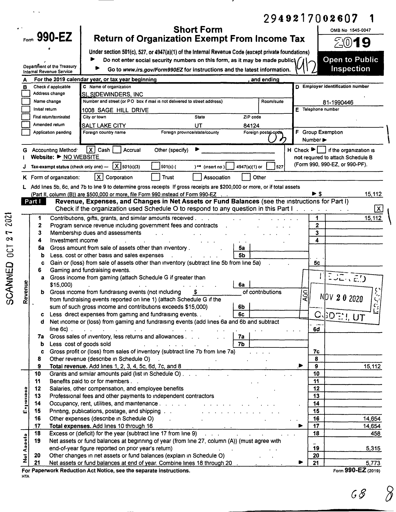 Image of first page of 2019 Form 990EZ for SL Sidewinders