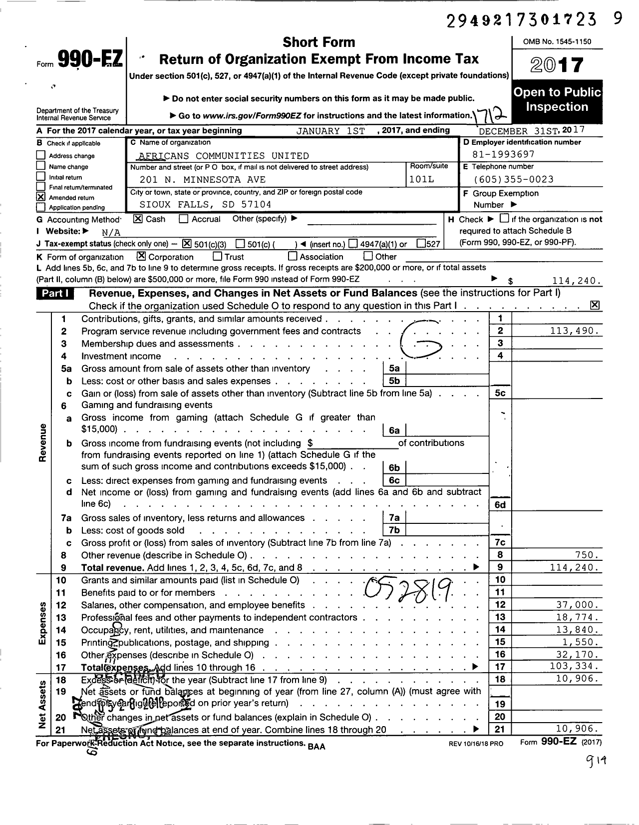 Image of first page of 2017 Form 990EZ for Africans Communities United