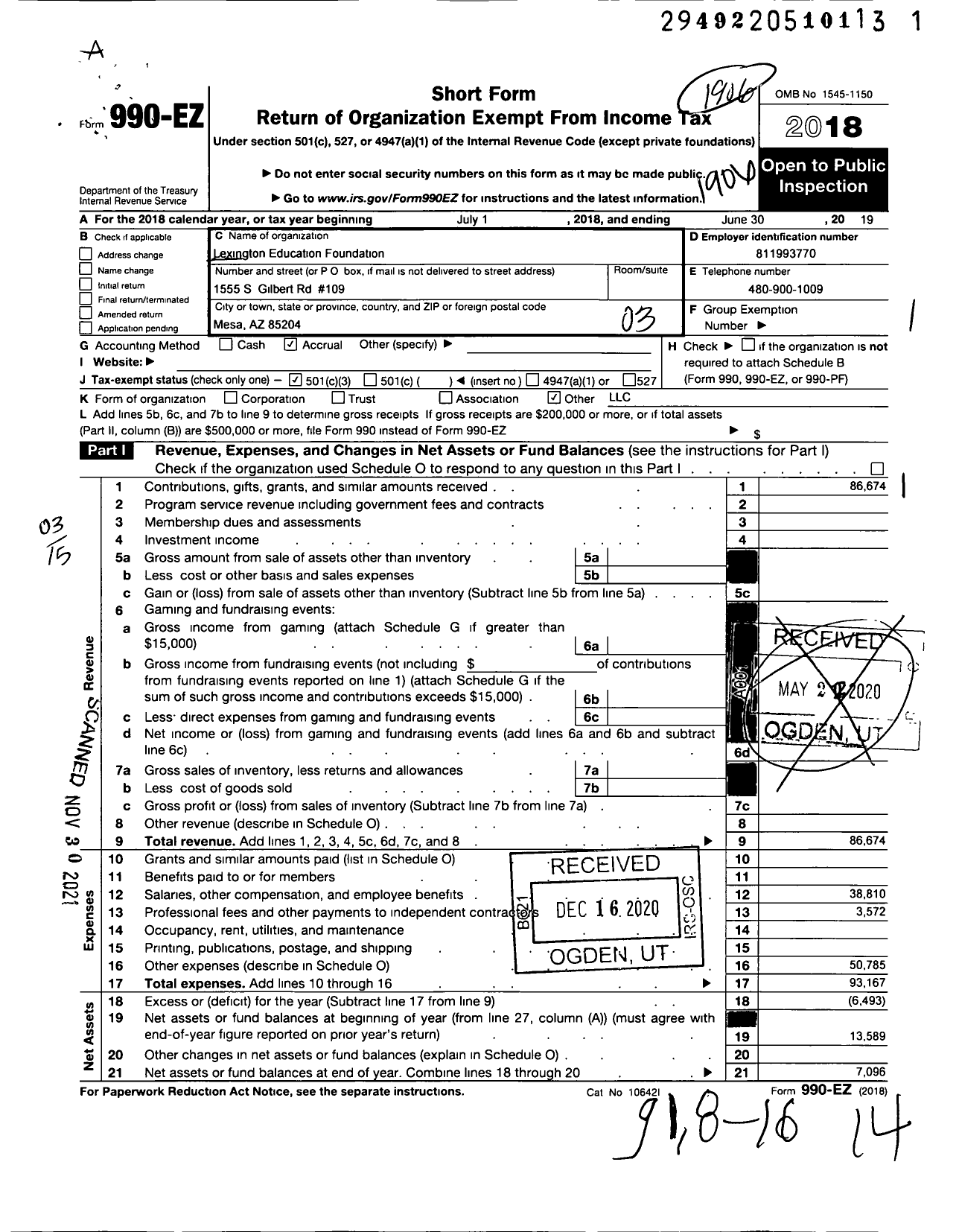 Image of first page of 2018 Form 990EZ for Lexington Education Foundation