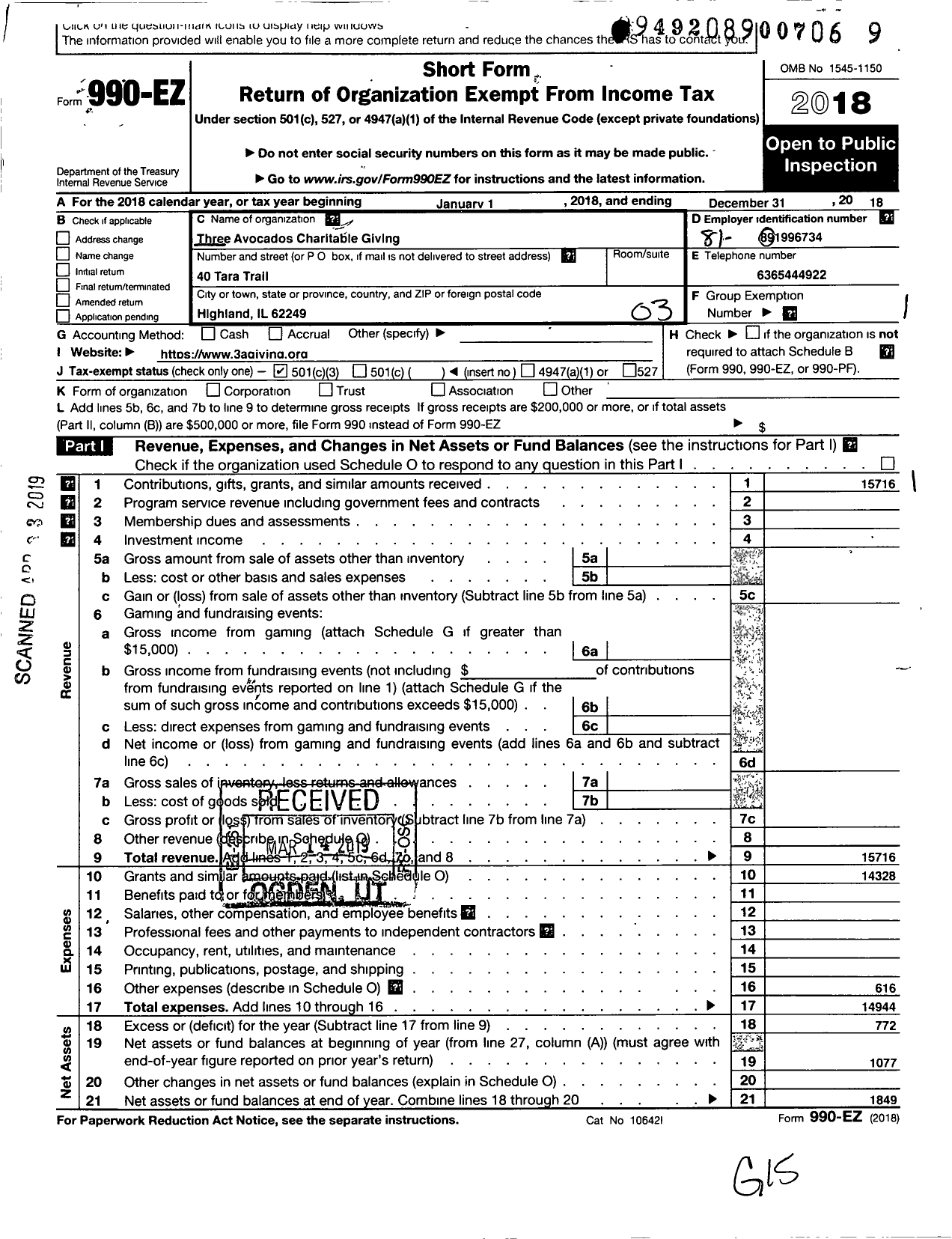 Image of first page of 2018 Form 990EZ for Three Avocados Charitable Giving