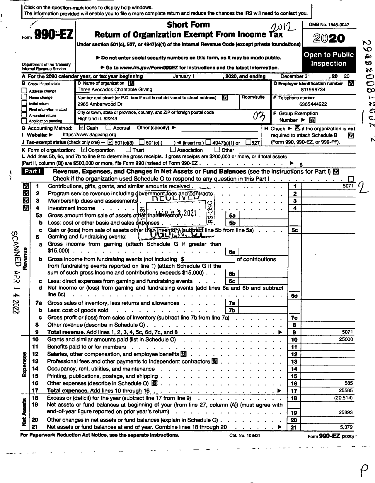 Image of first page of 2020 Form 990EZ for Three Avocados Charitable Giving