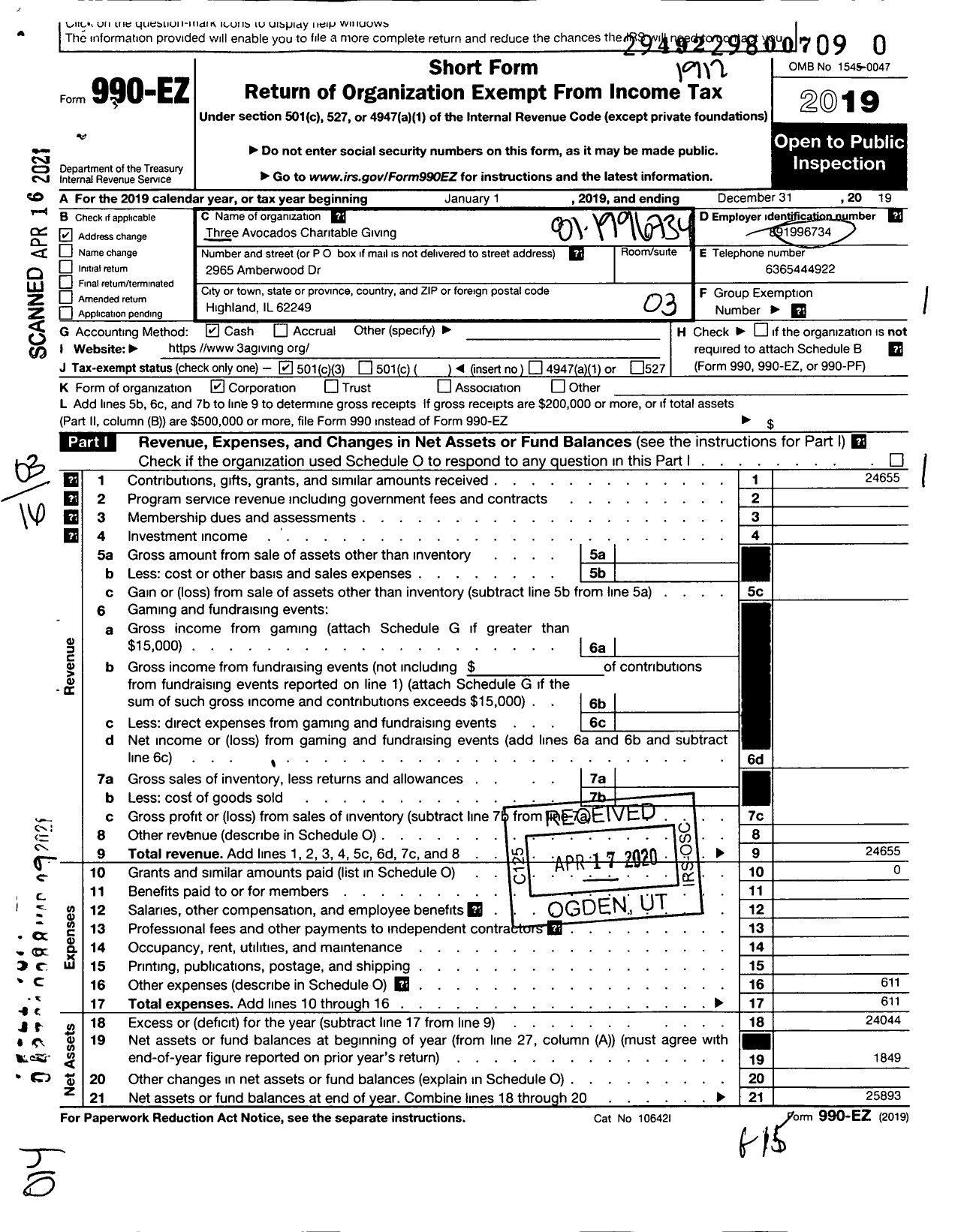 Image of first page of 2019 Form 990EZ for Three Avocados Charitable Giving