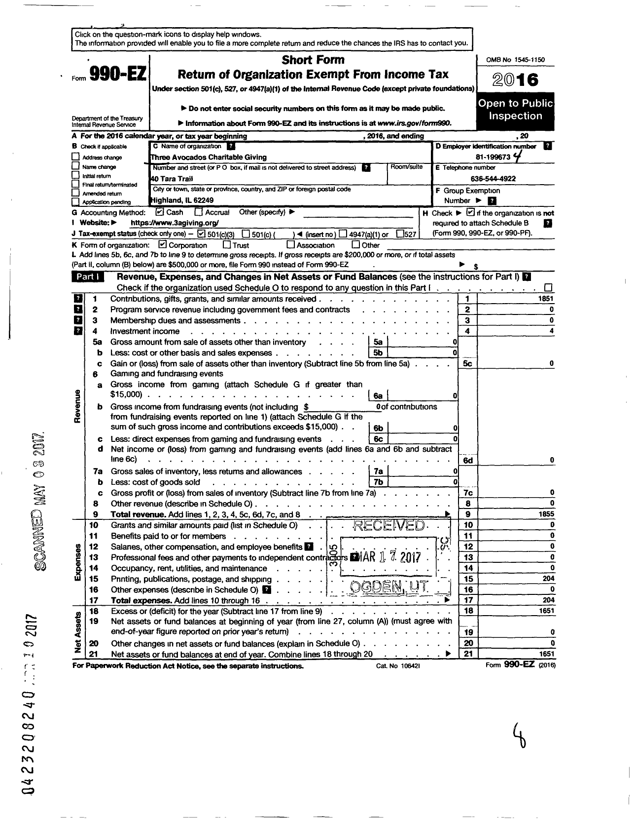 Image of first page of 2016 Form 990EZ for Three Avocados Charitable Giving