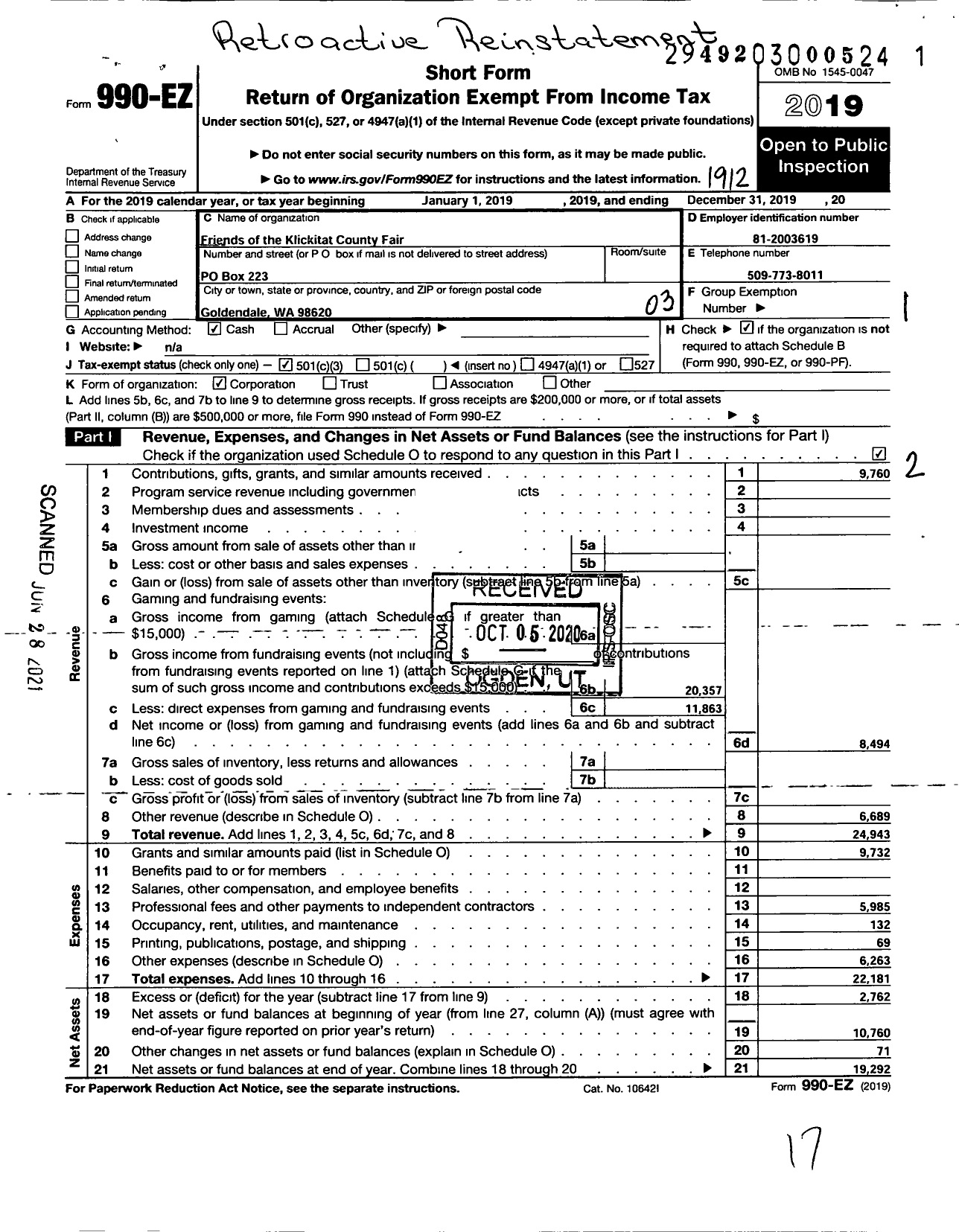 Image of first page of 2019 Form 990EZ for Friends of the Klickitat County Fair