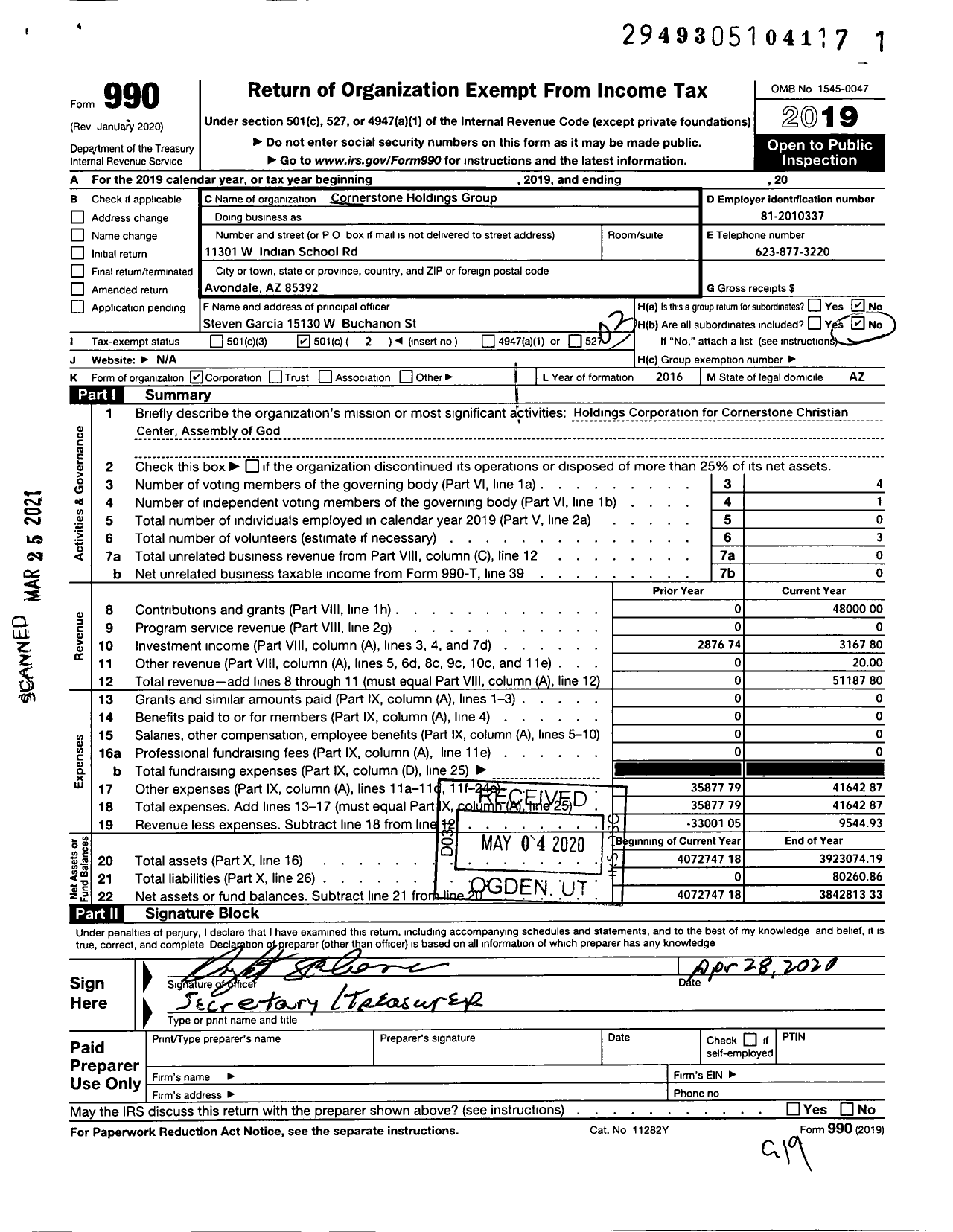 Image of first page of 2019 Form 990 for Cornerstone Holdings Group