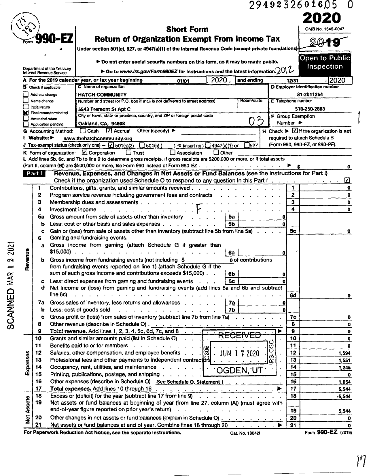 Image of first page of 2020 Form 990EZ for Hatch Community