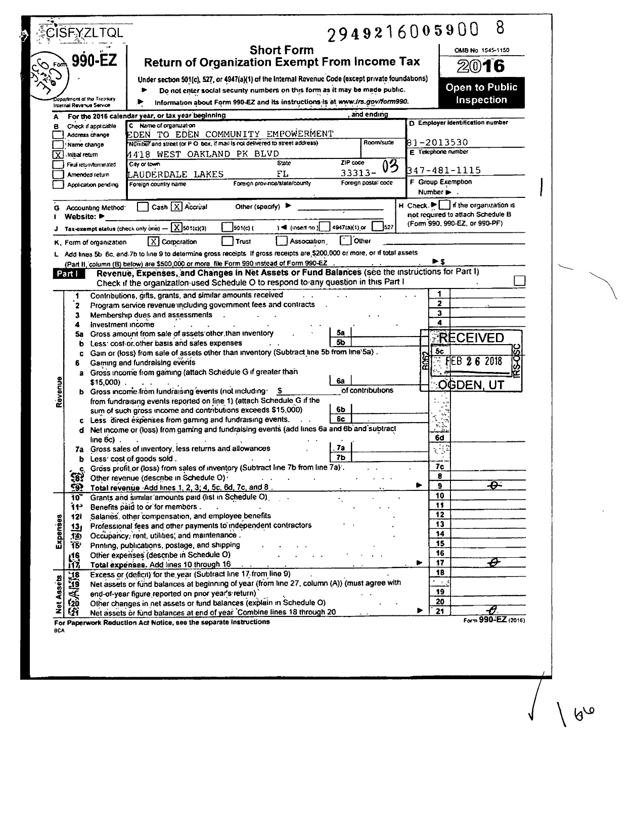 Image of first page of 2016 Form 990EZ for Eden To Eden Eco-Friendly Global Society