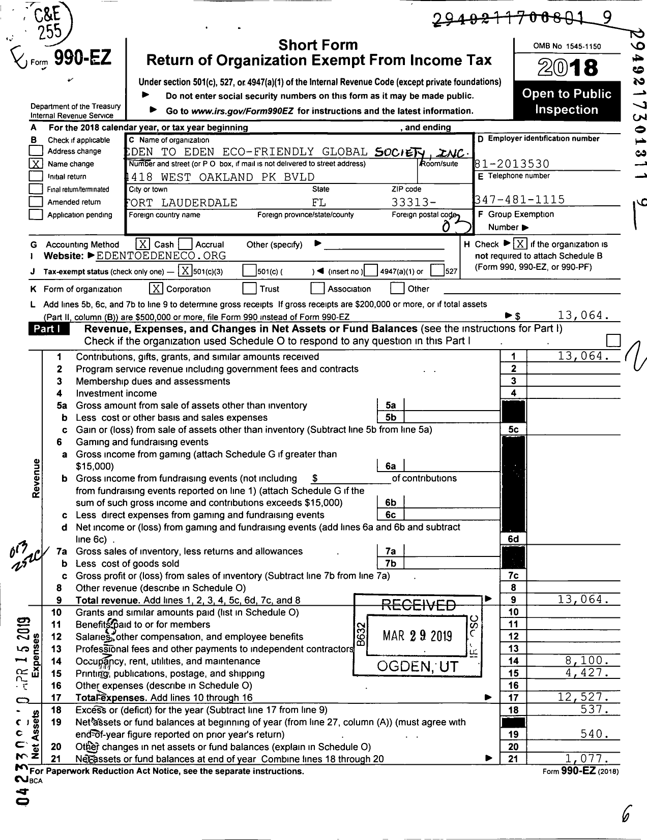 Image of first page of 2018 Form 990EZ for Eden To Eden Eco-Friendly Global Society