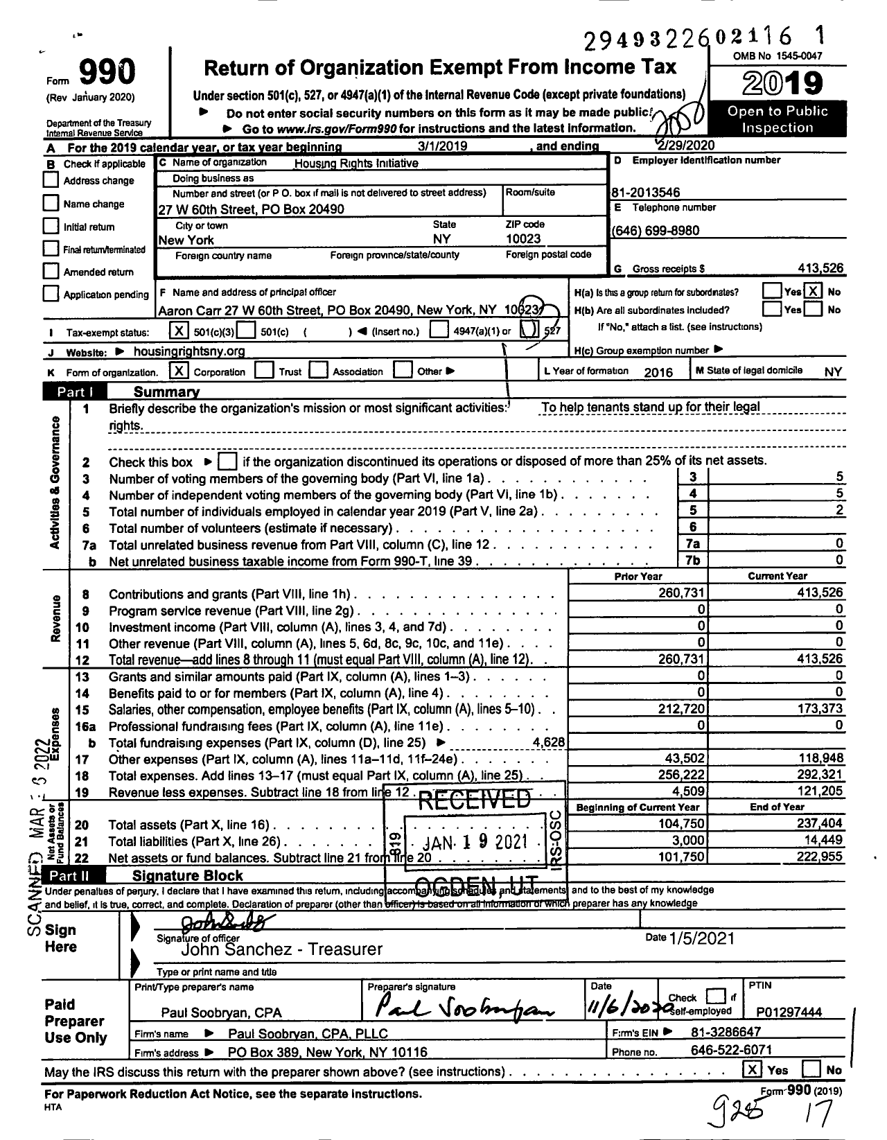 Image of first page of 2019 Form 990 for Housing Rights Initiative