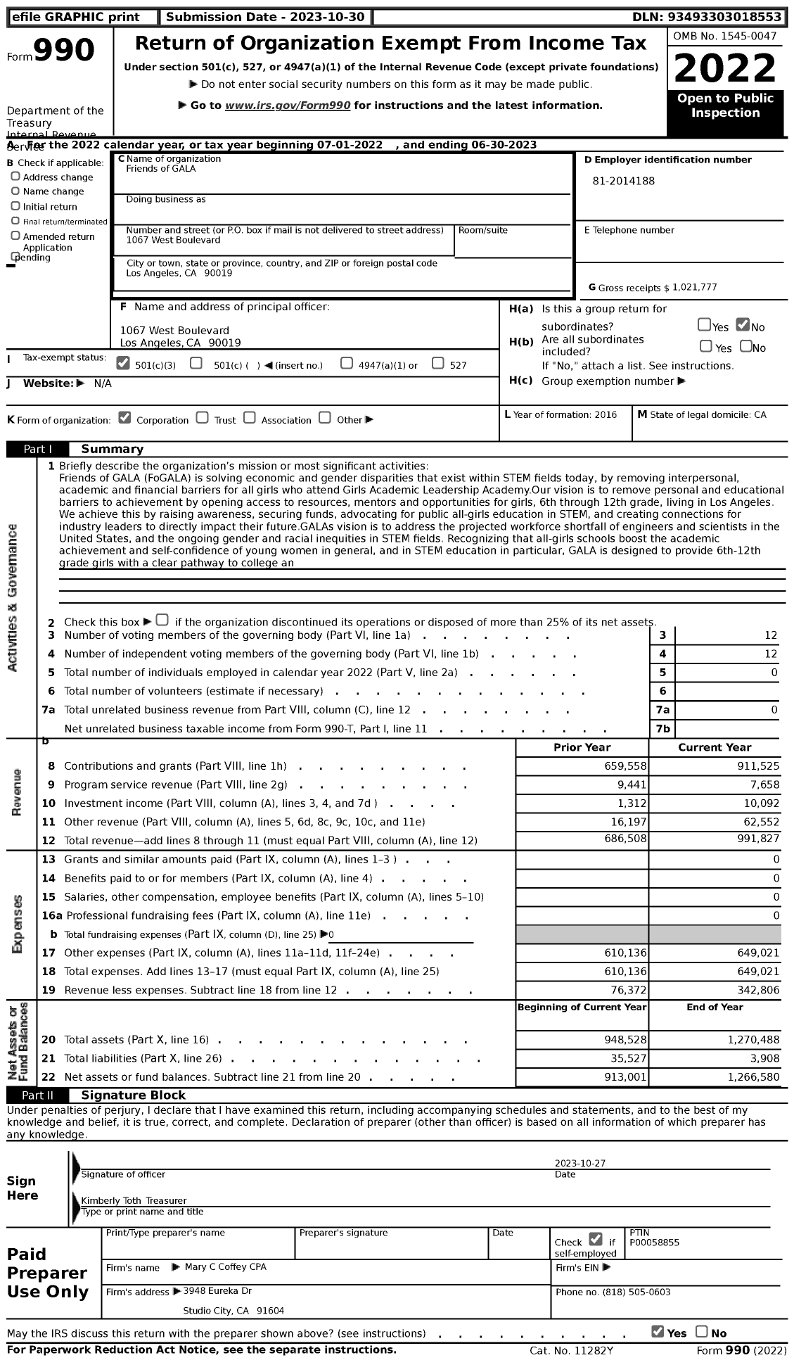 Image of first page of 2022 Form 990 for Friends of GALA