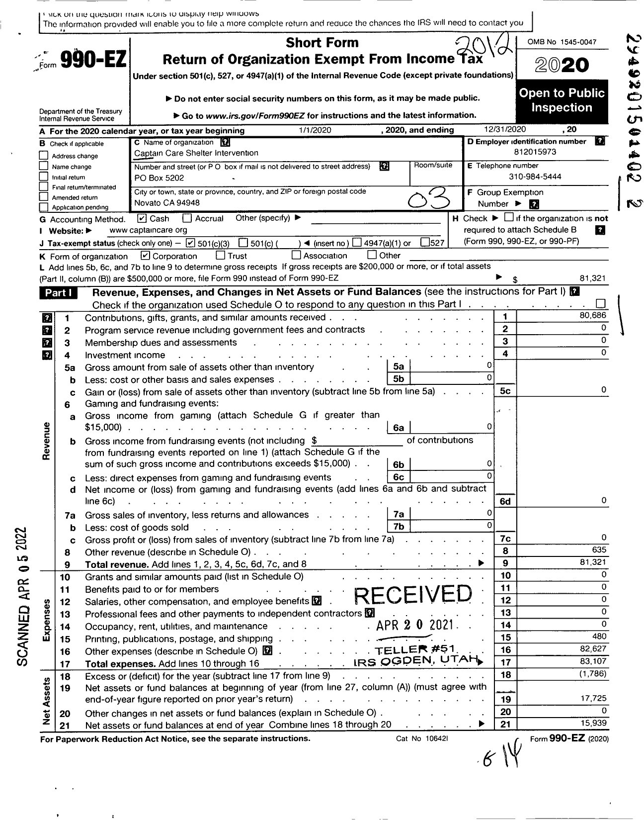 Image of first page of 2020 Form 990EZ for Captain Care Shelter Intervention