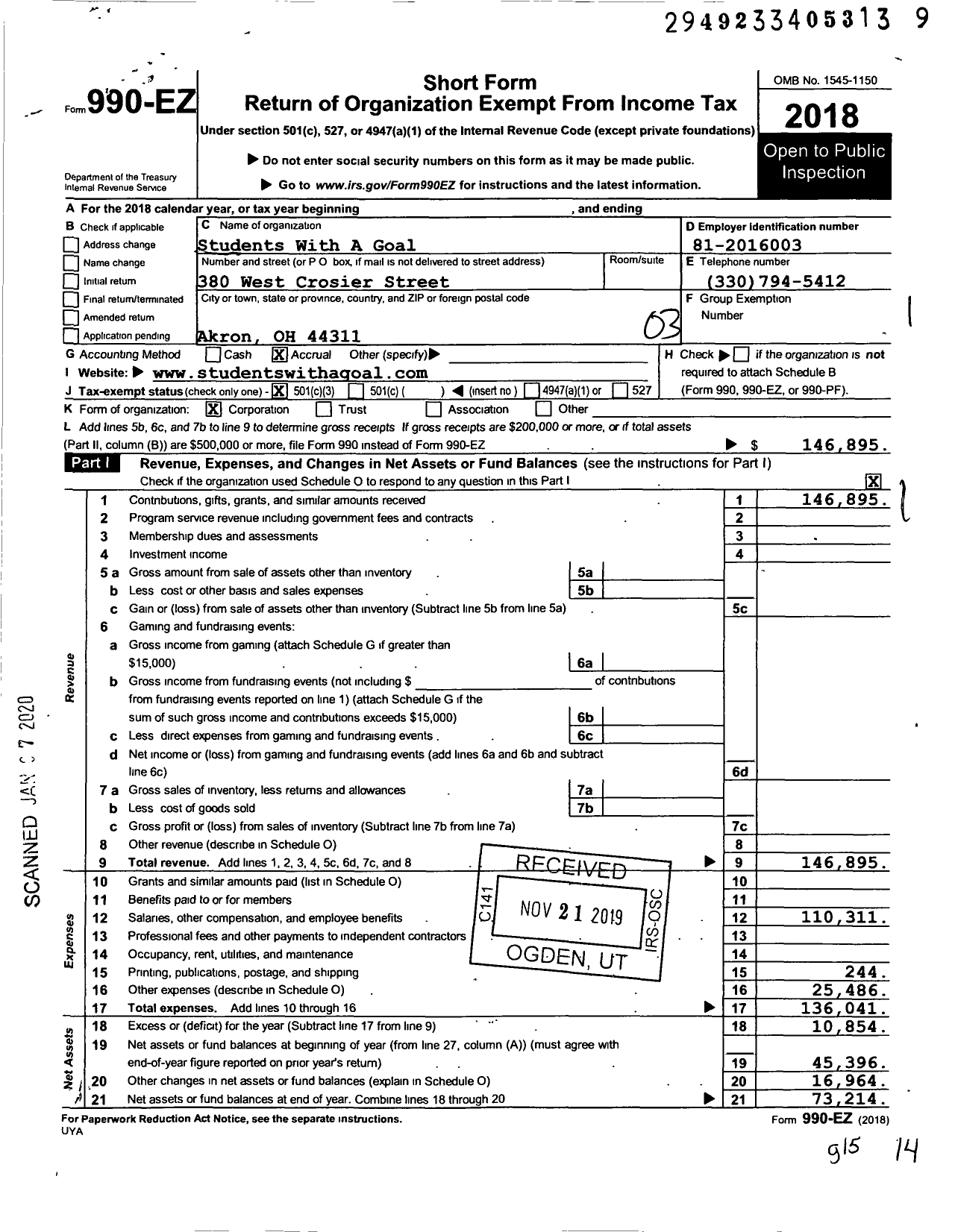 Image of first page of 2018 Form 990EZ for Students With A Goal