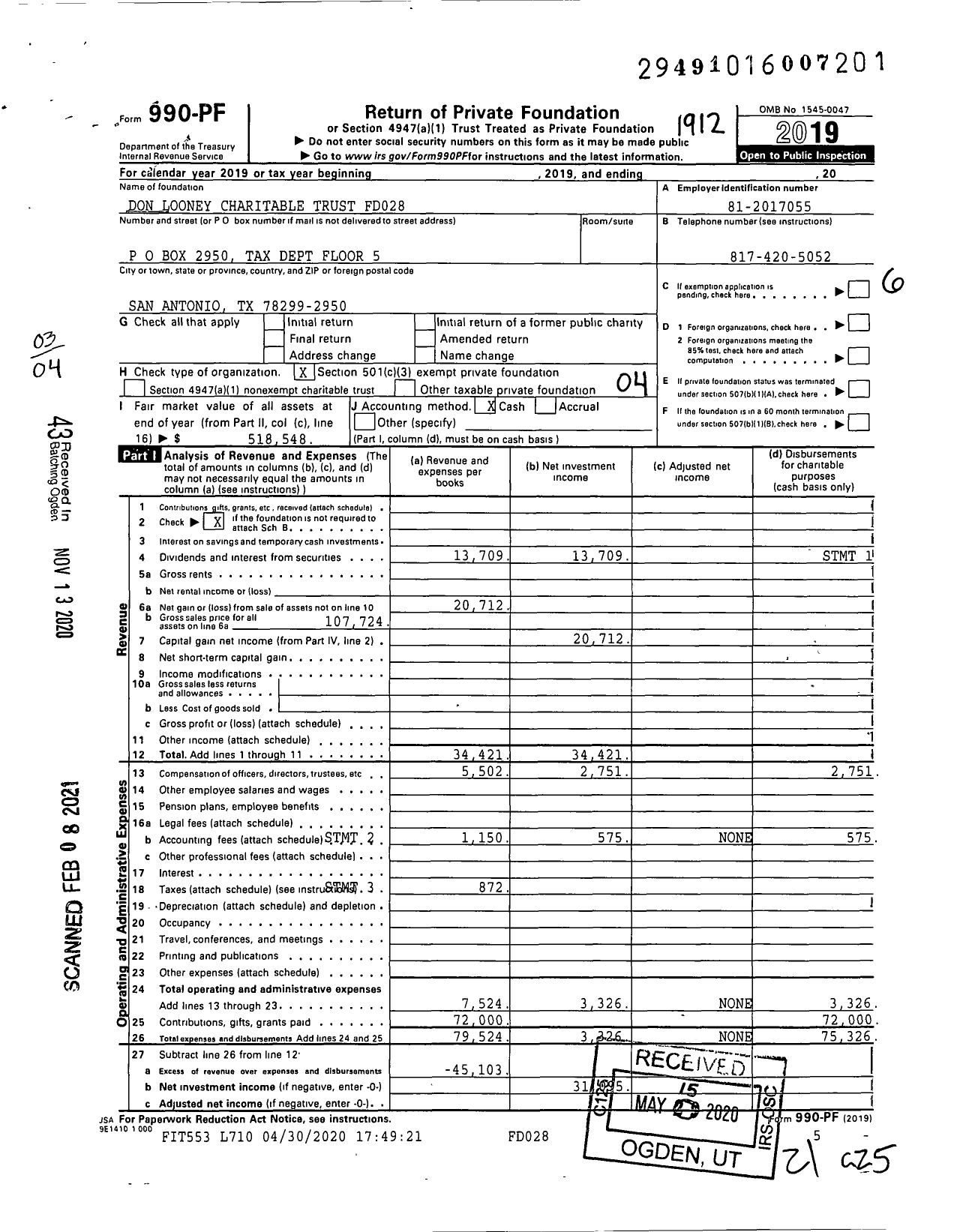 Image of first page of 2019 Form 990PF for Don Looney Charitable Trust FD028