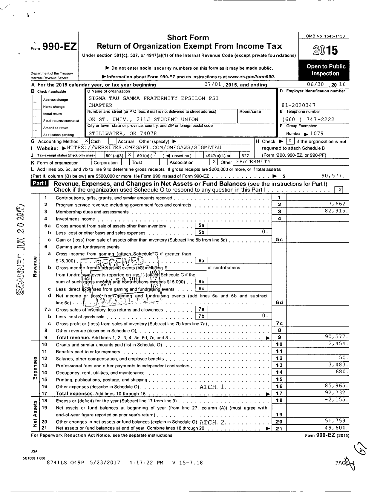 Image of first page of 2015 Form 990EO for Sigma Tau Gamma Fraternity / Epsilon Psi