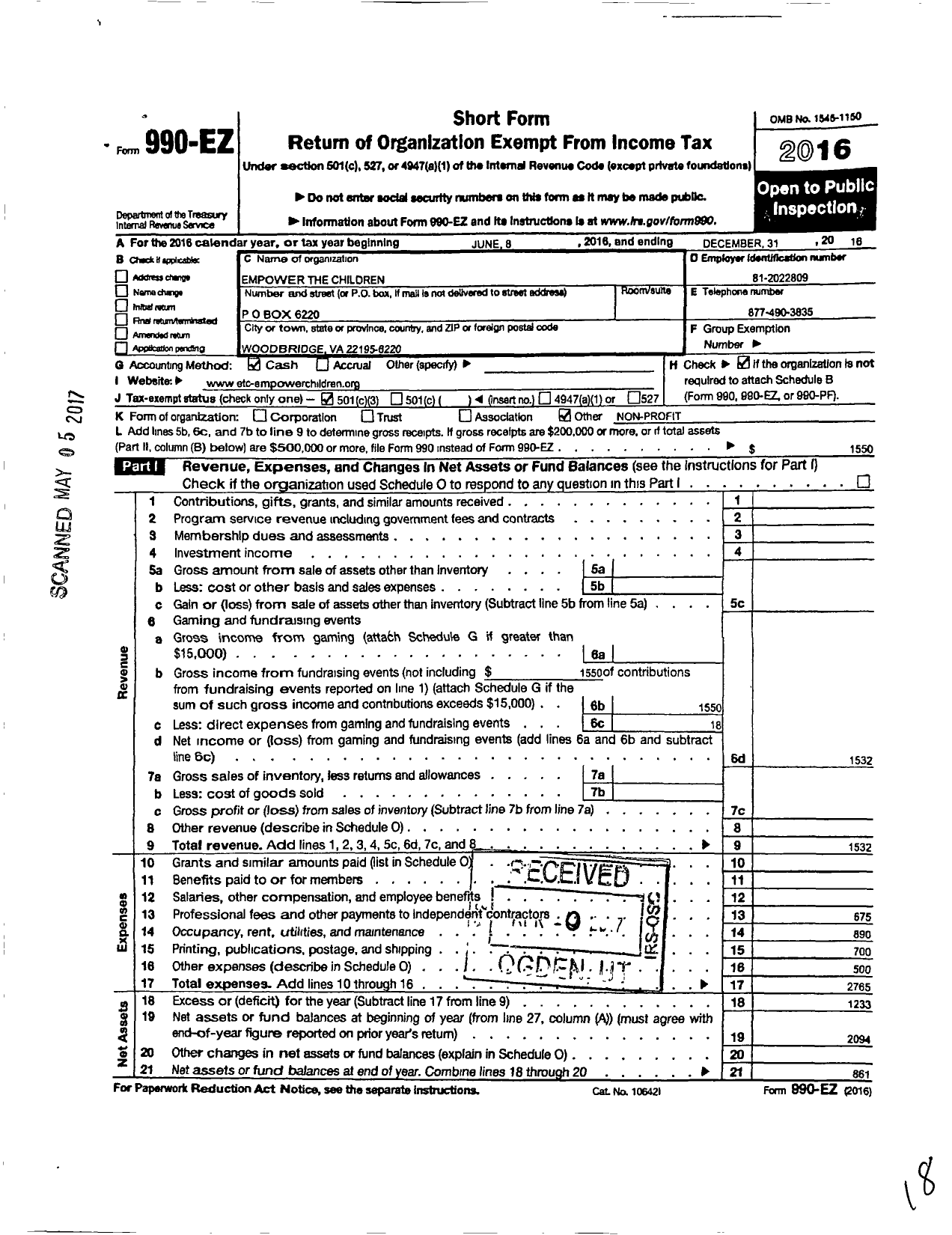 Image of first page of 2016 Form 990EZ for Empower the Children