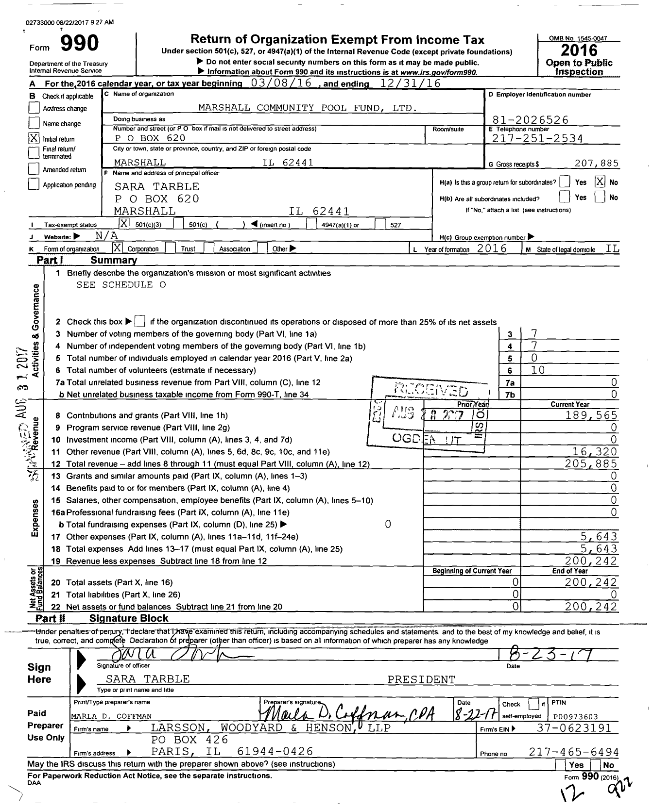 Image of first page of 2016 Form 990 for Marshall Community Pool Fund