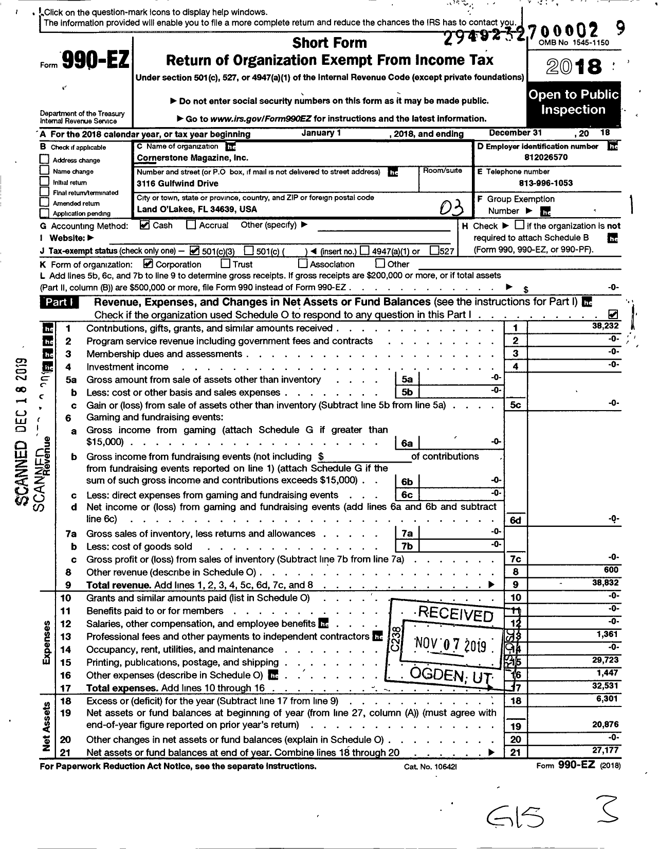 Image of first page of 2018 Form 990EZ for Cornerstone Magazine