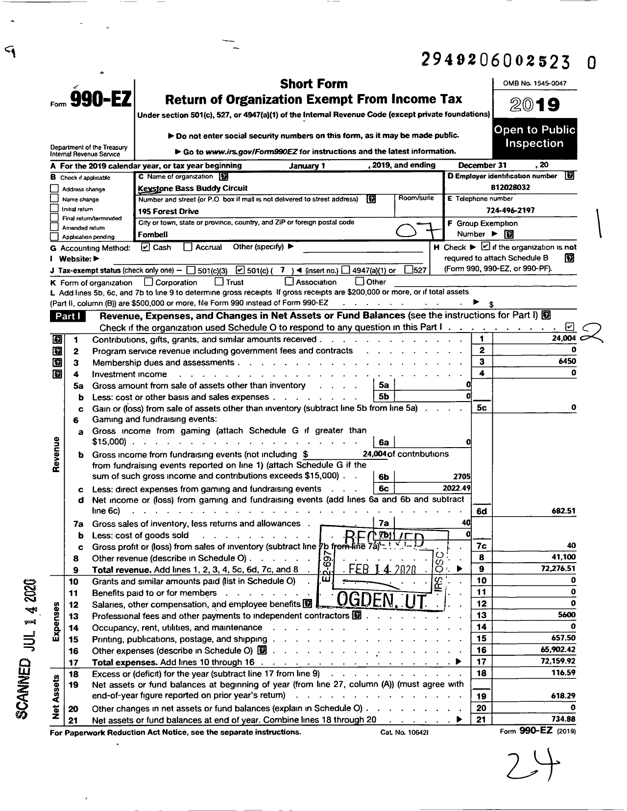 Image of first page of 2019 Form 990EO for Keystone Bass Buddy Circuit