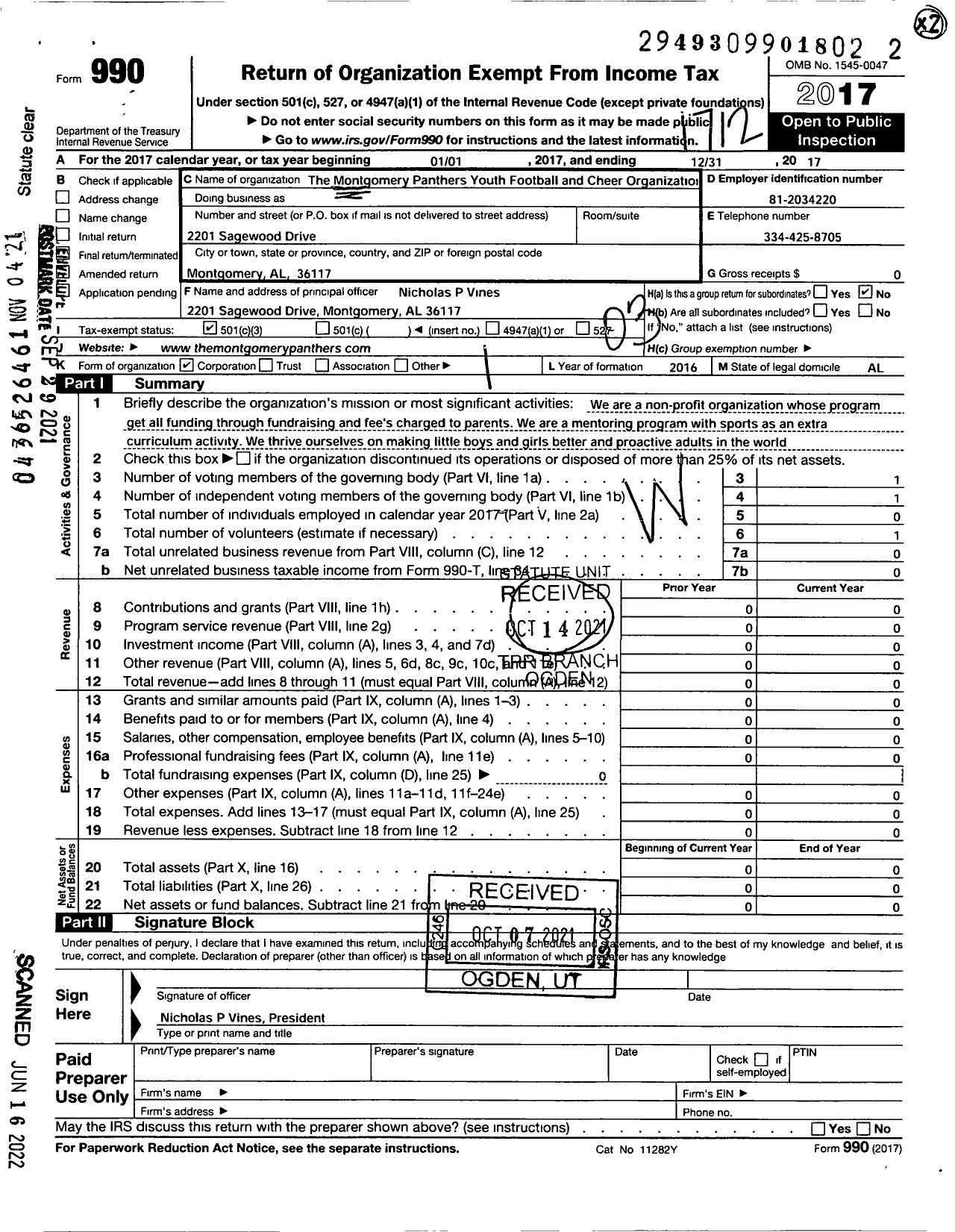 Image of first page of 2017 Form 990 for Montgomery Panthers Youth Football and Cheer O Organizat