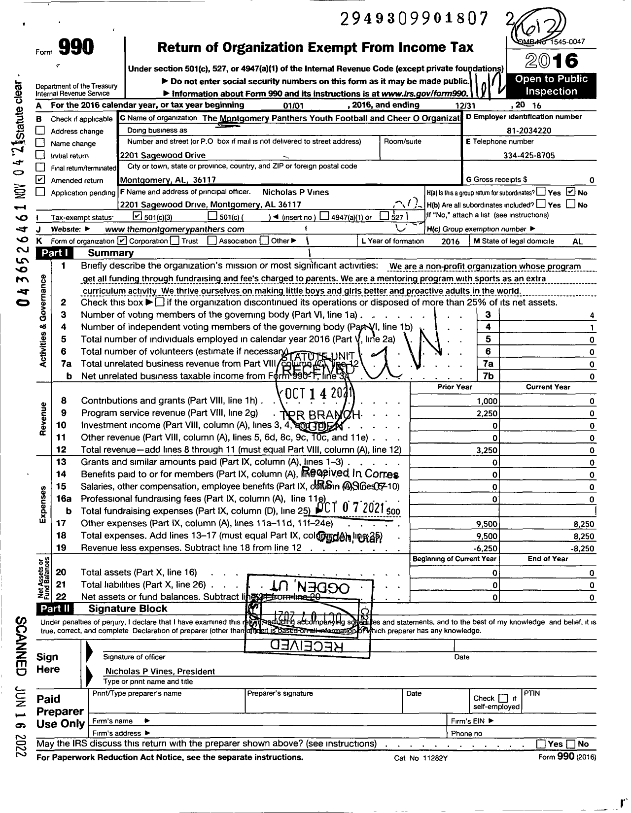 Image of first page of 2016 Form 990 for Montgomery Panthers Youth Football and Cheer O Organizat