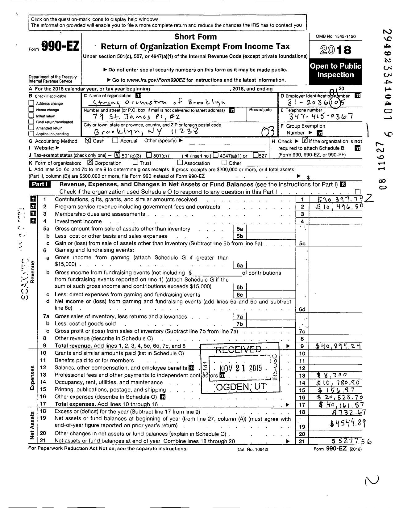 Image of first page of 2018 Form 990EZ for String Orchestra of Brooklyn