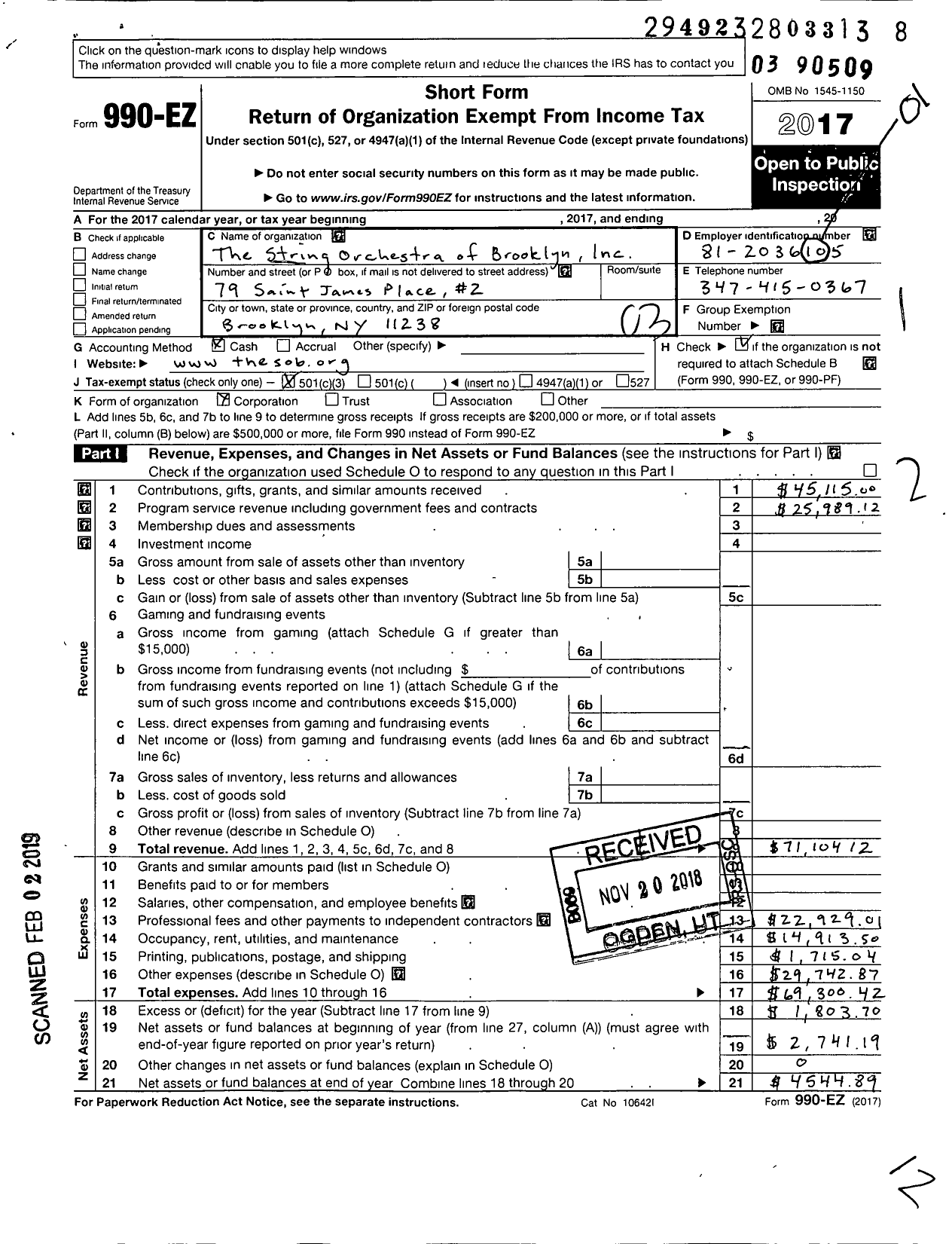 Image of first page of 2017 Form 990EZ for String Orchestra of Brooklyn