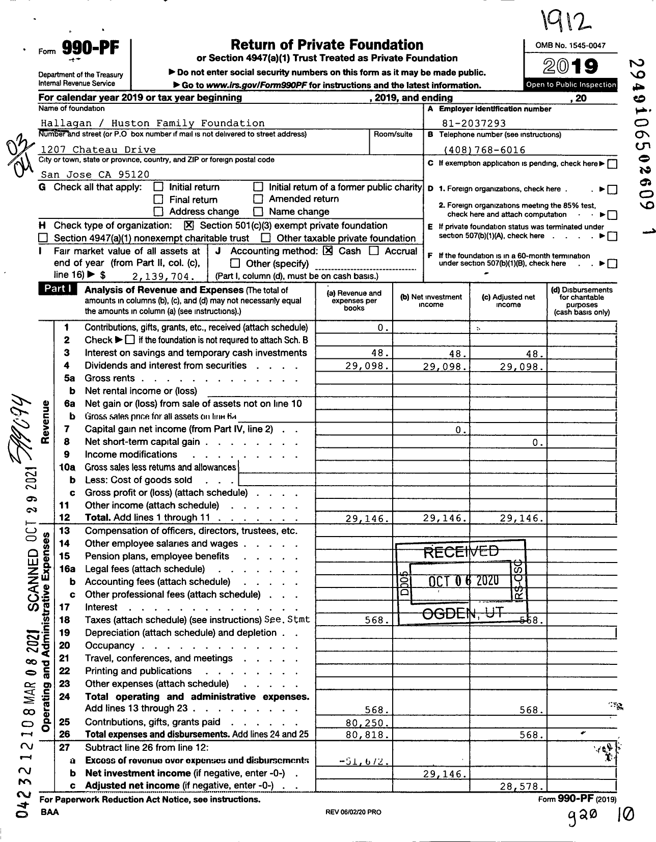 Image of first page of 2019 Form 990PF for Hallagan Huston Family Foundation