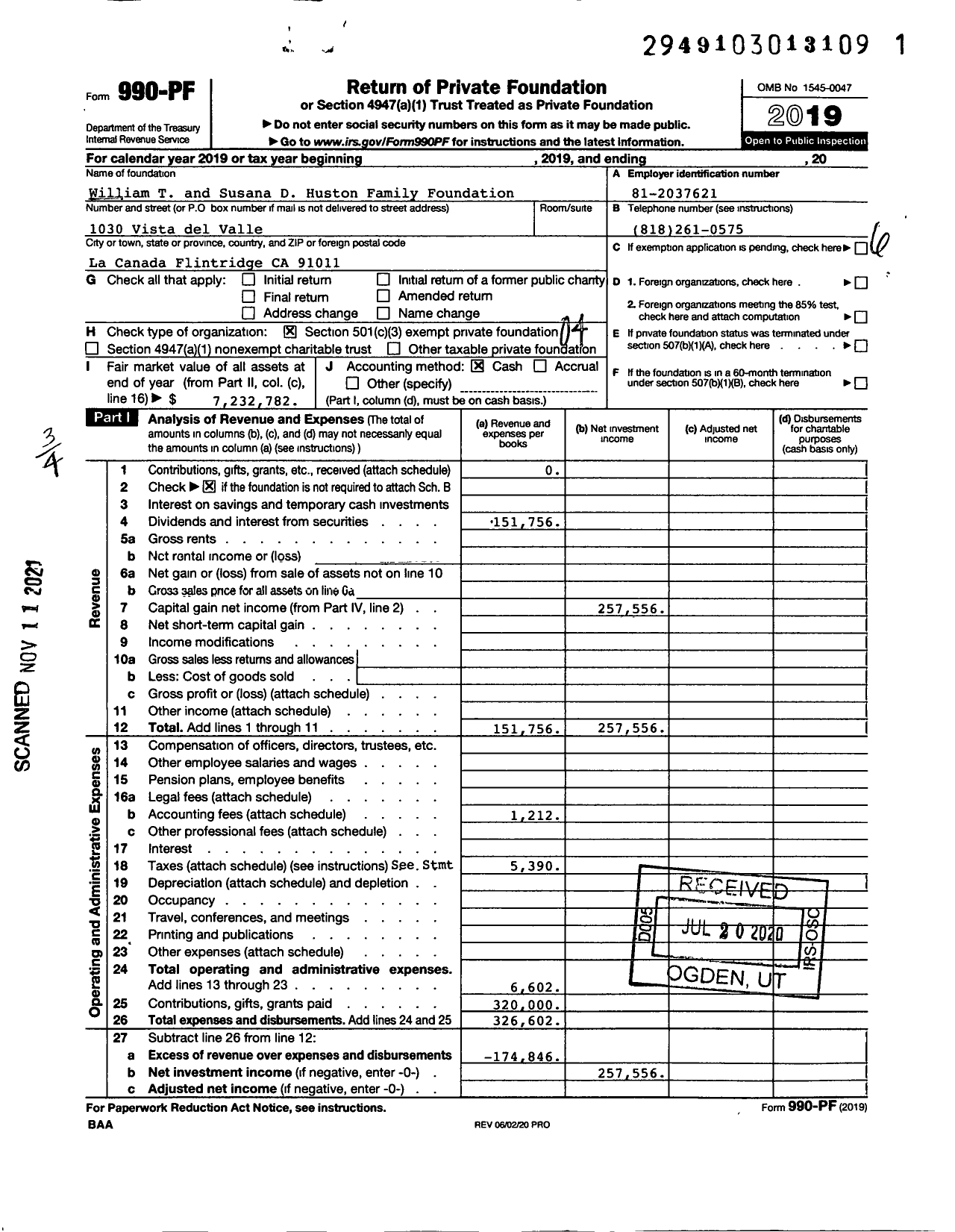 Image of first page of 2019 Form 990PF for Willam T & Susana D Huston Family Foundation