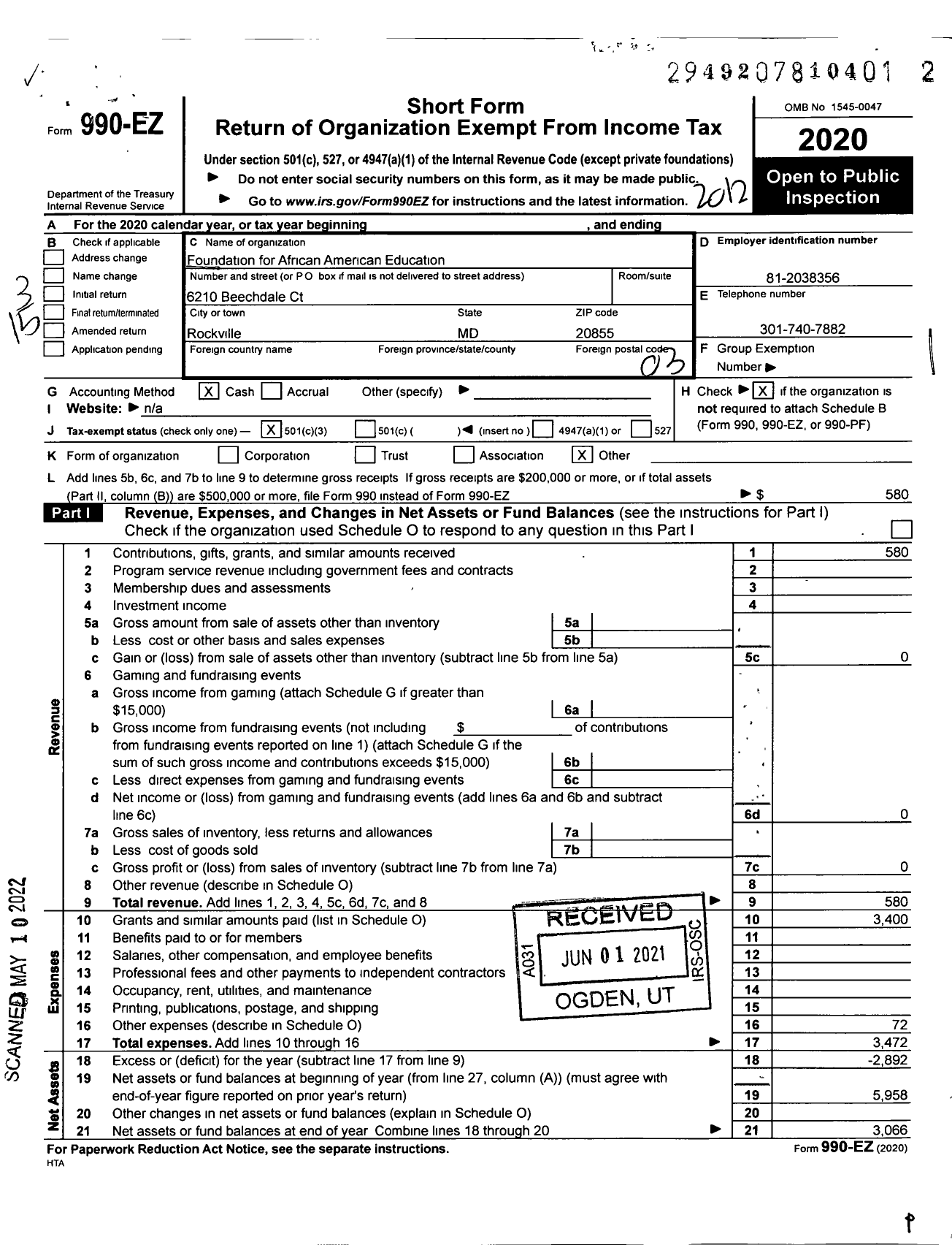 Image of first page of 2020 Form 990EZ for Foundation for African American Education