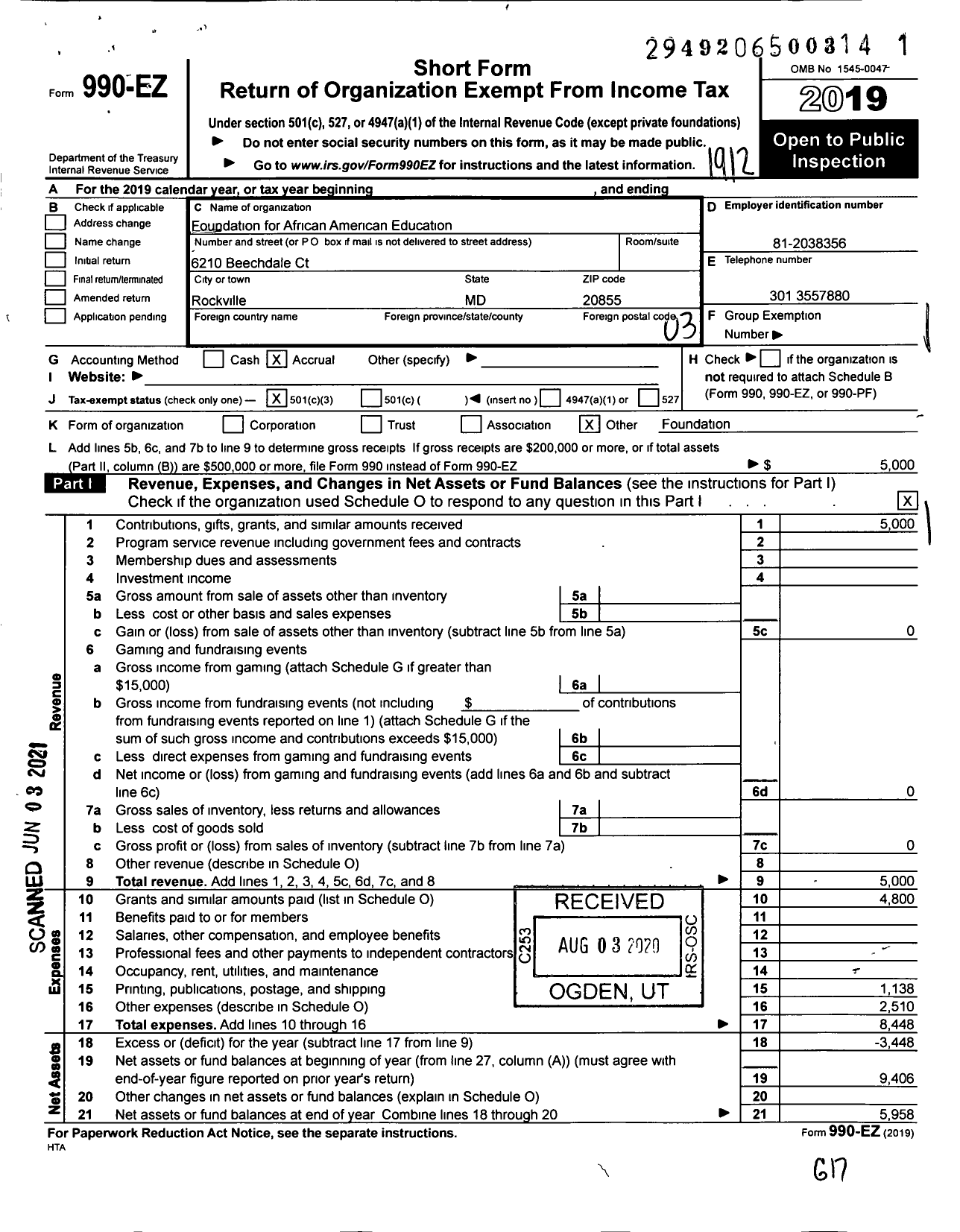 Image of first page of 2019 Form 990EZ for Foundation for African American Education