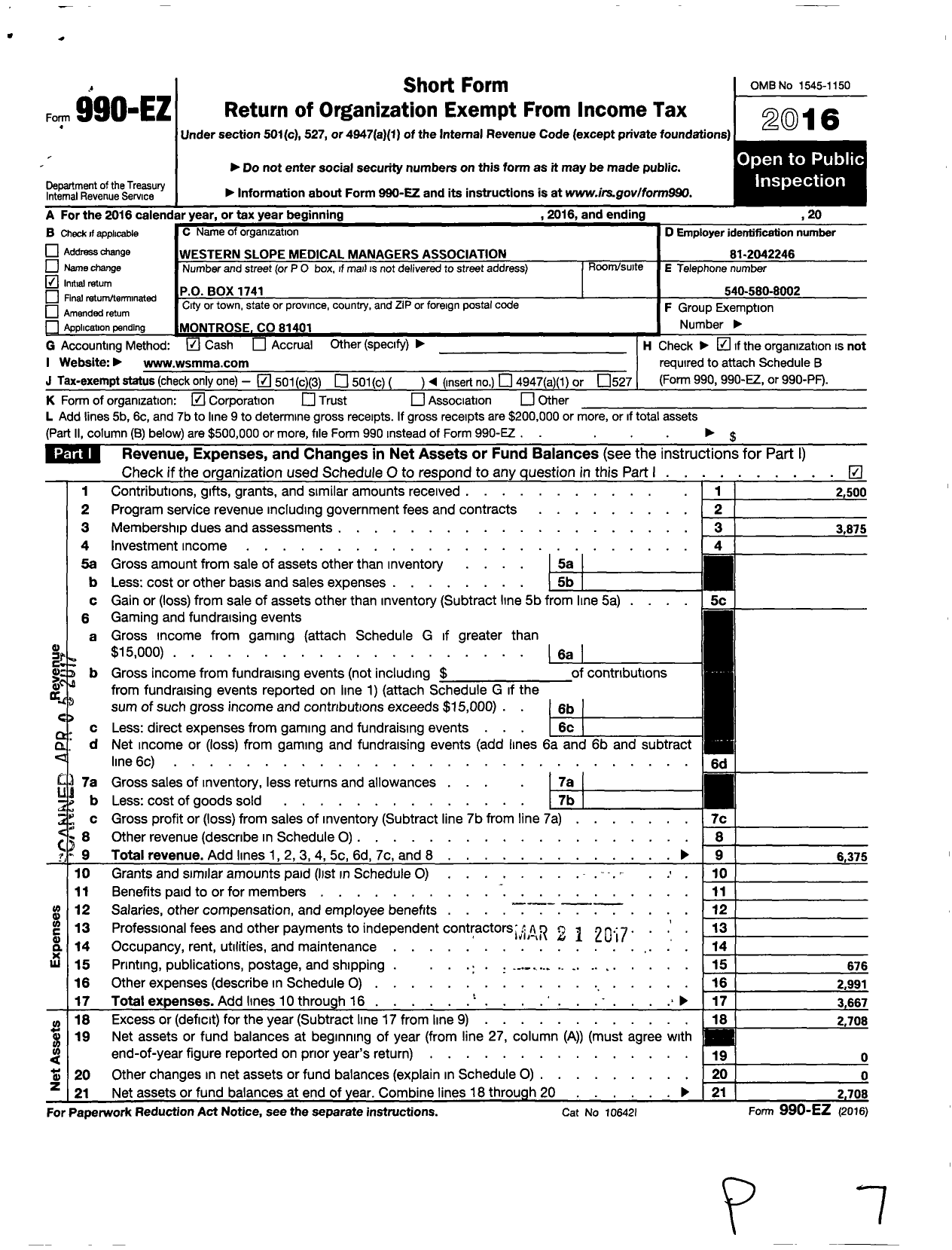 Image of first page of 2016 Form 990EZ for Western Slope Medical Managers Association (WSMMA)