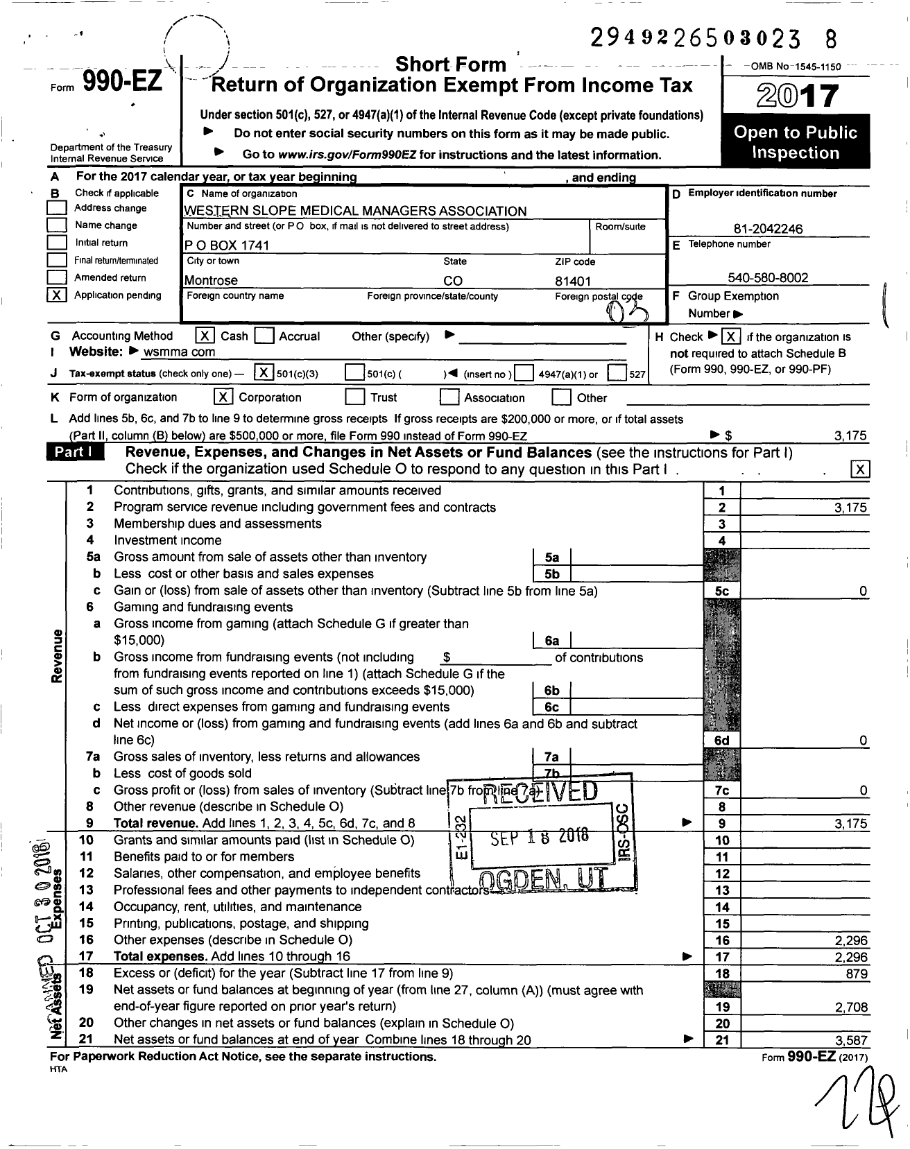 Image of first page of 2017 Form 990EZ for Western Slope Medical Managers Association (WSMMA)