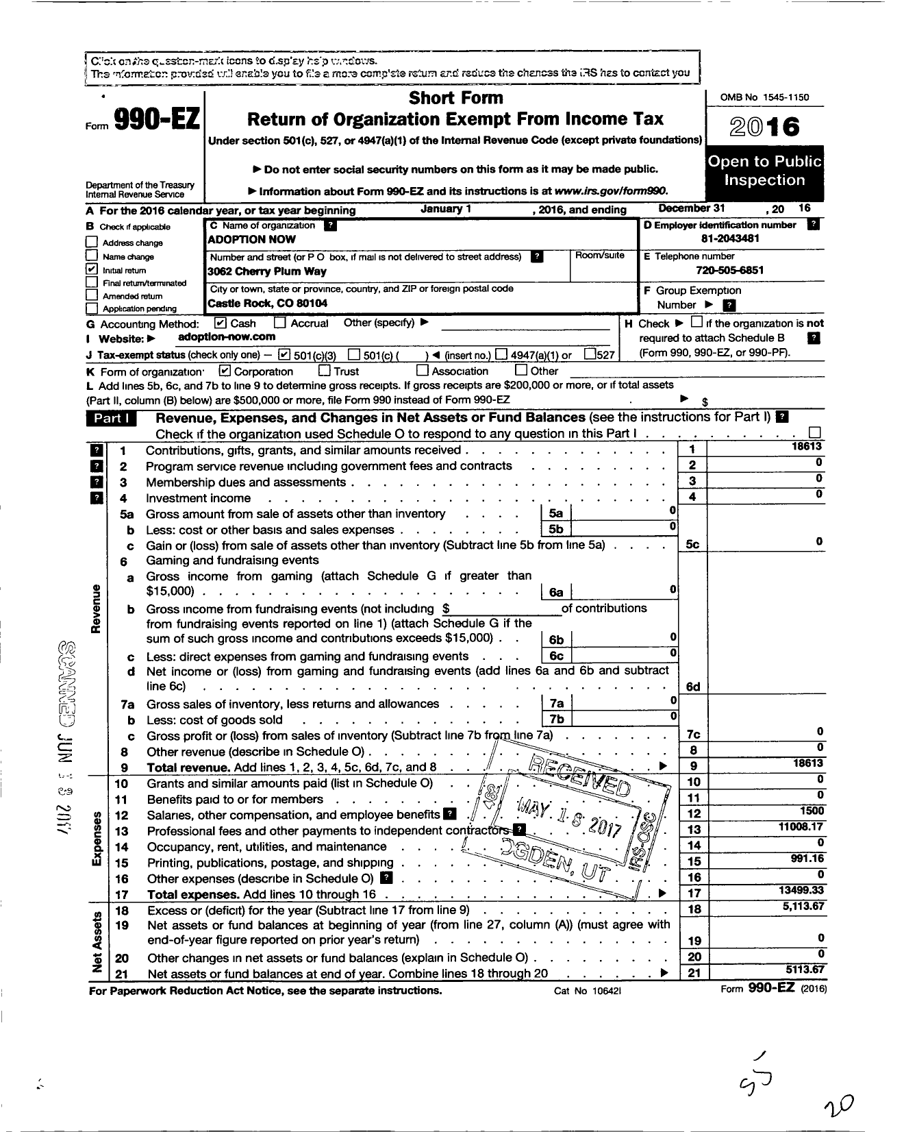 Image of first page of 2016 Form 990EZ for Adoption Now